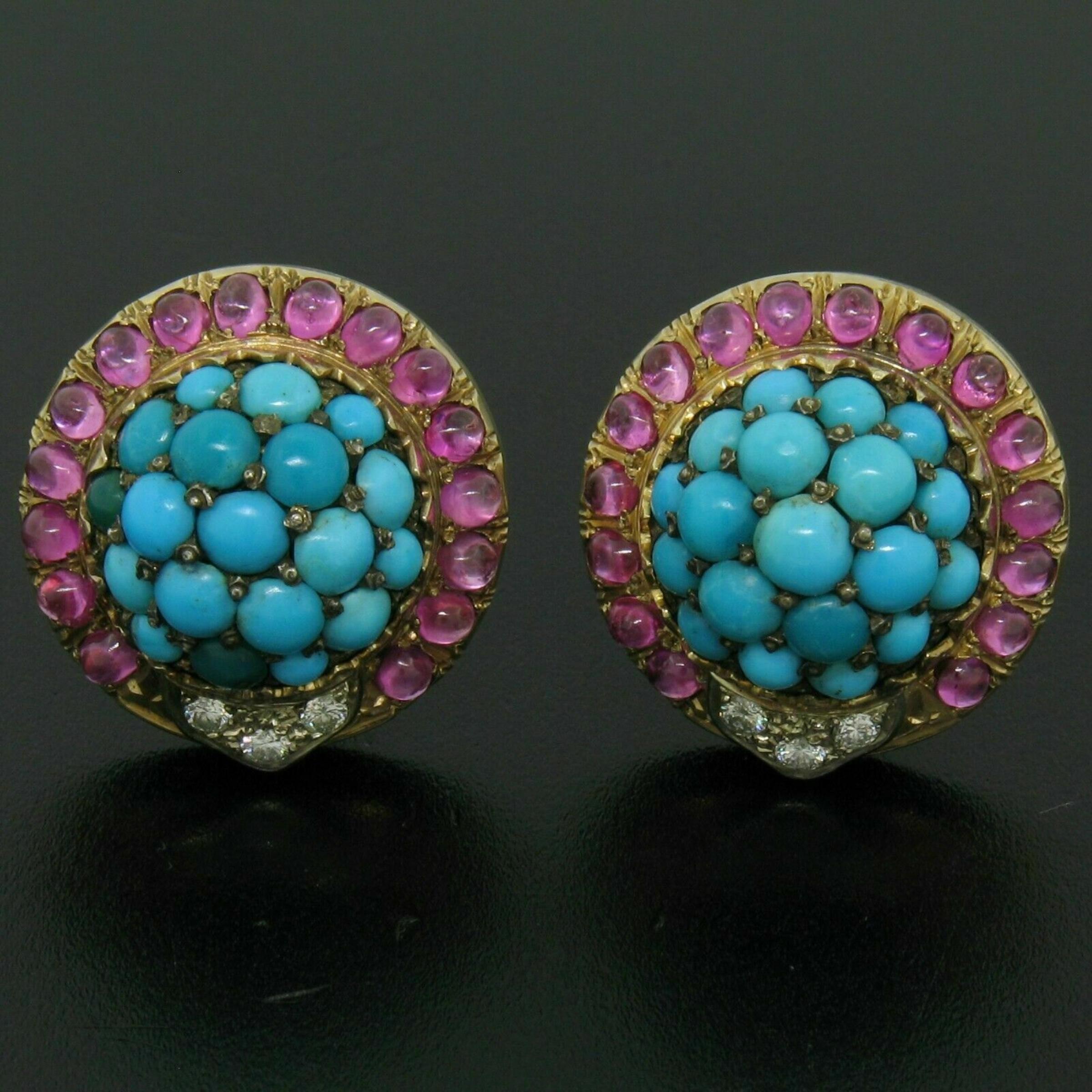 Retro Vintage 14K Yellow Gold 3.56ctw Turquoise Diamond & Ruby Cluster Button Earrings