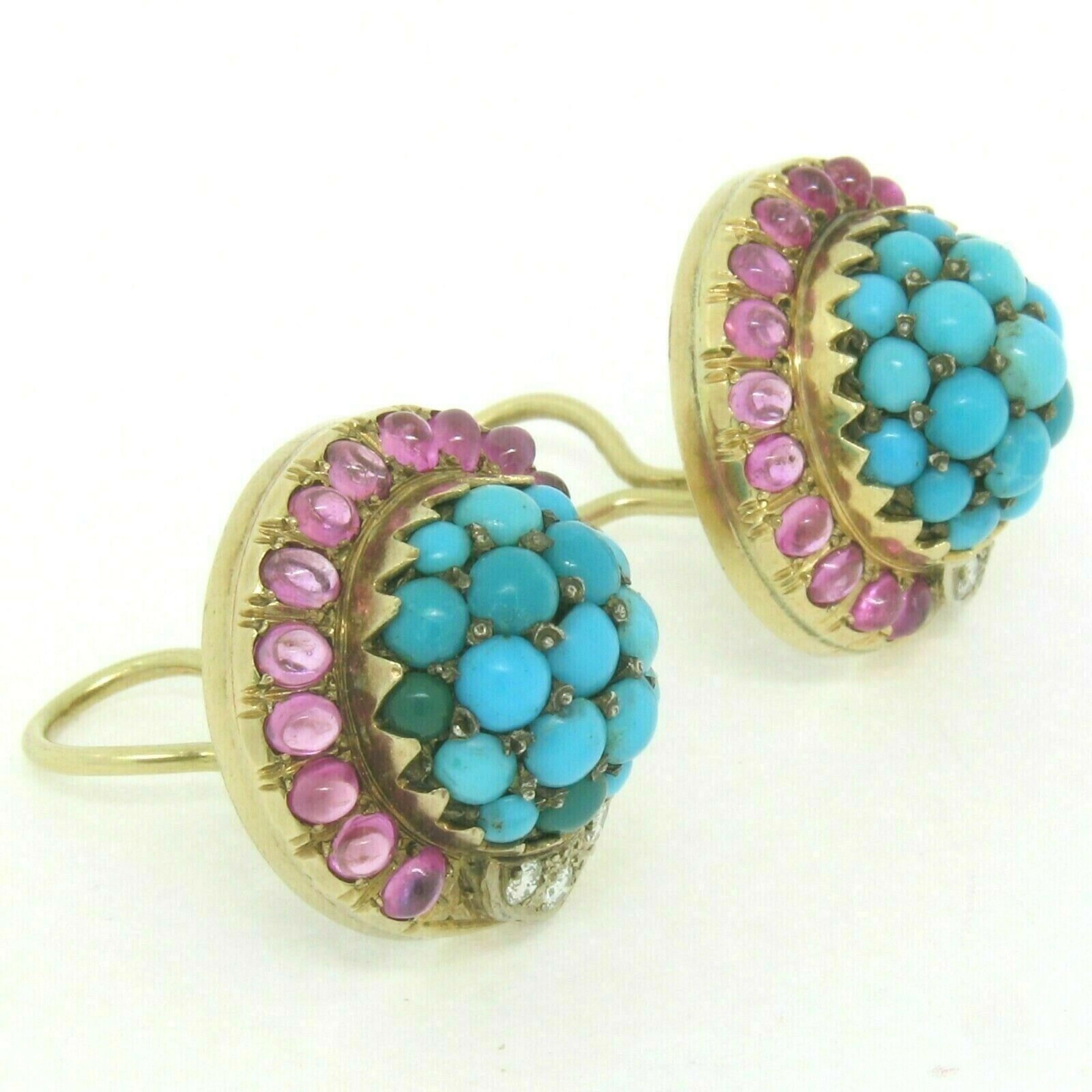 Round Cut Vintage 14K Yellow Gold 3.56ctw Turquoise Diamond & Ruby Cluster Button Earrings