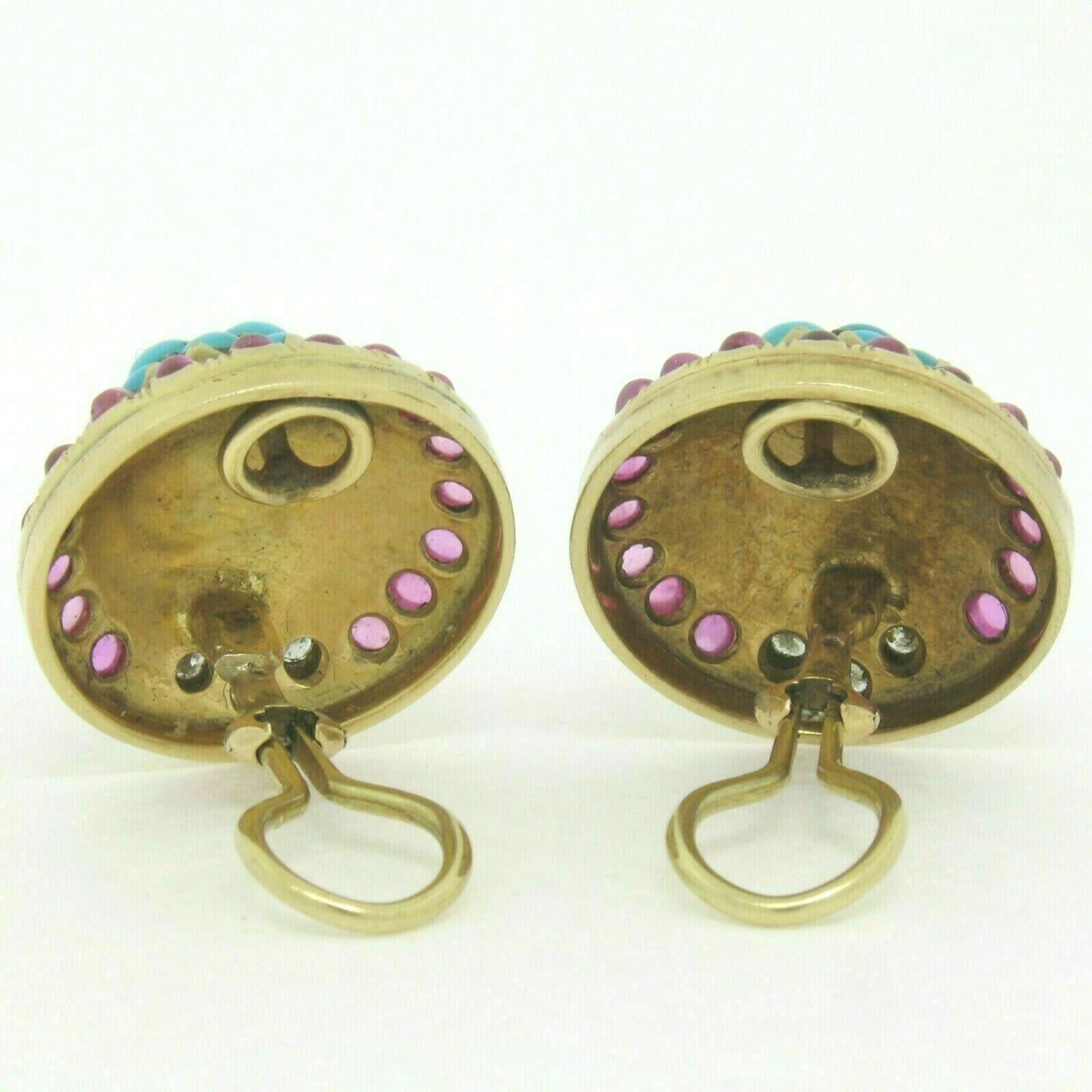 Vintage 14K Yellow Gold 3.56ctw Turquoise Diamond & Ruby Cluster Button Earrings In Good Condition In Montclair, NJ