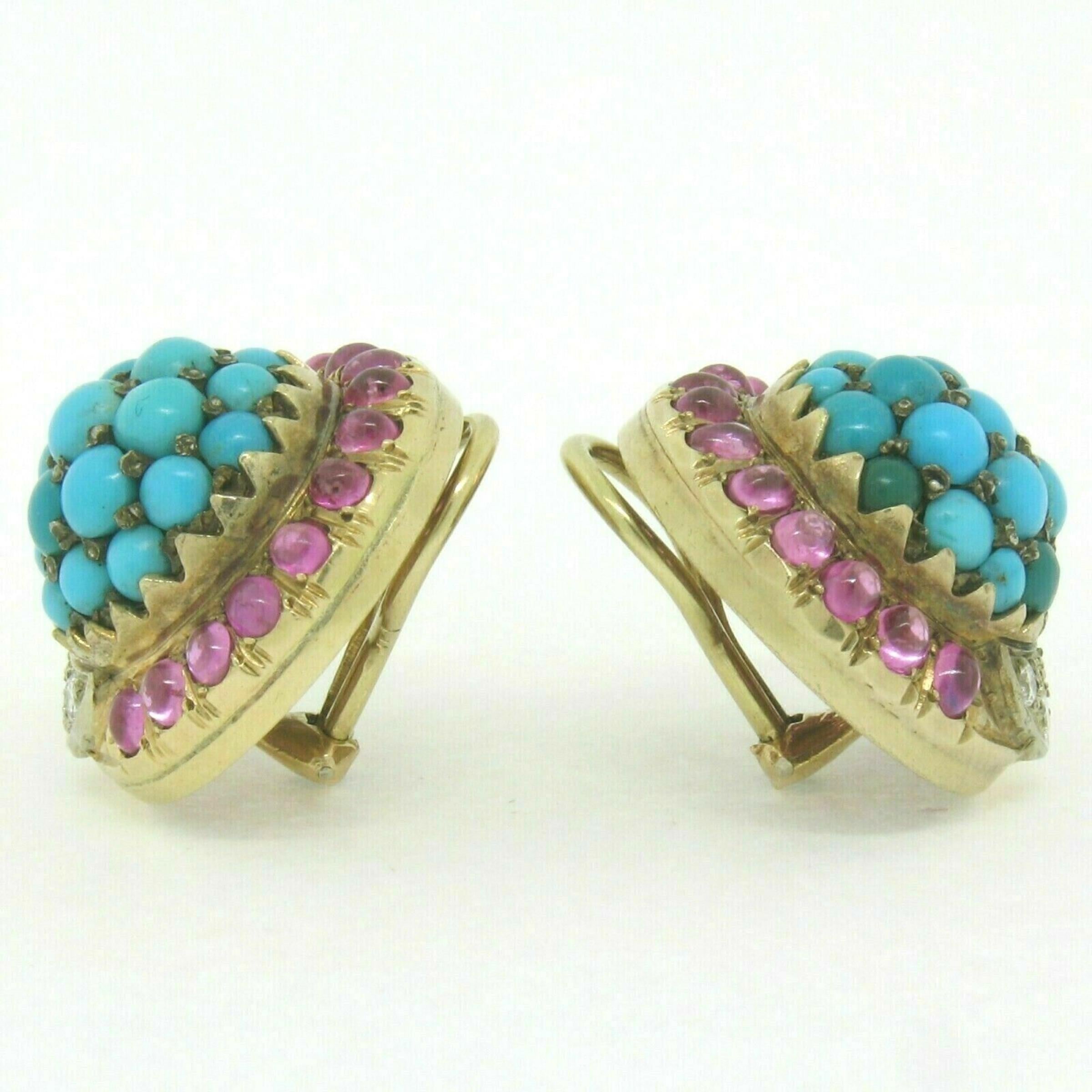 Women's or Men's Vintage 14K Yellow Gold 3.56ctw Turquoise Diamond & Ruby Cluster Button Earrings