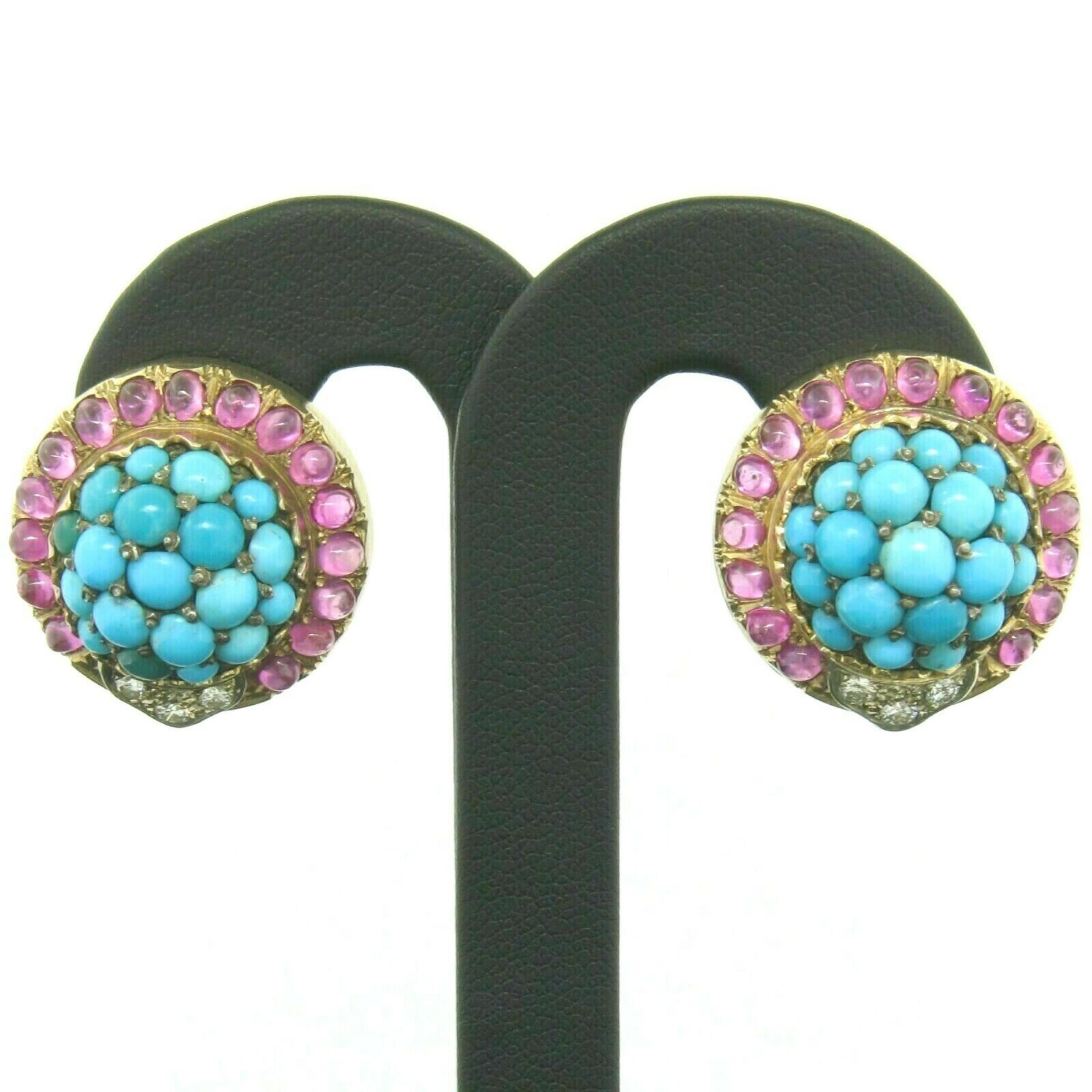 Vintage 14K Yellow Gold 3.56ctw Turquoise Diamond & Ruby Cluster Button Earrings 1