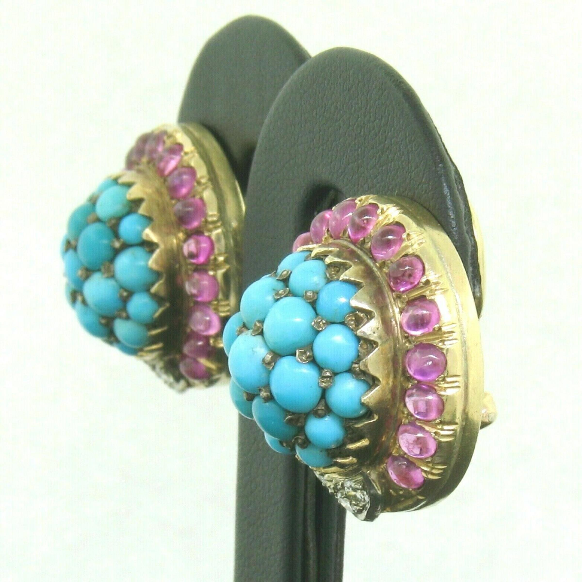 Vintage 14K Yellow Gold 3.56ctw Turquoise Diamond & Ruby Cluster Button Earrings 2