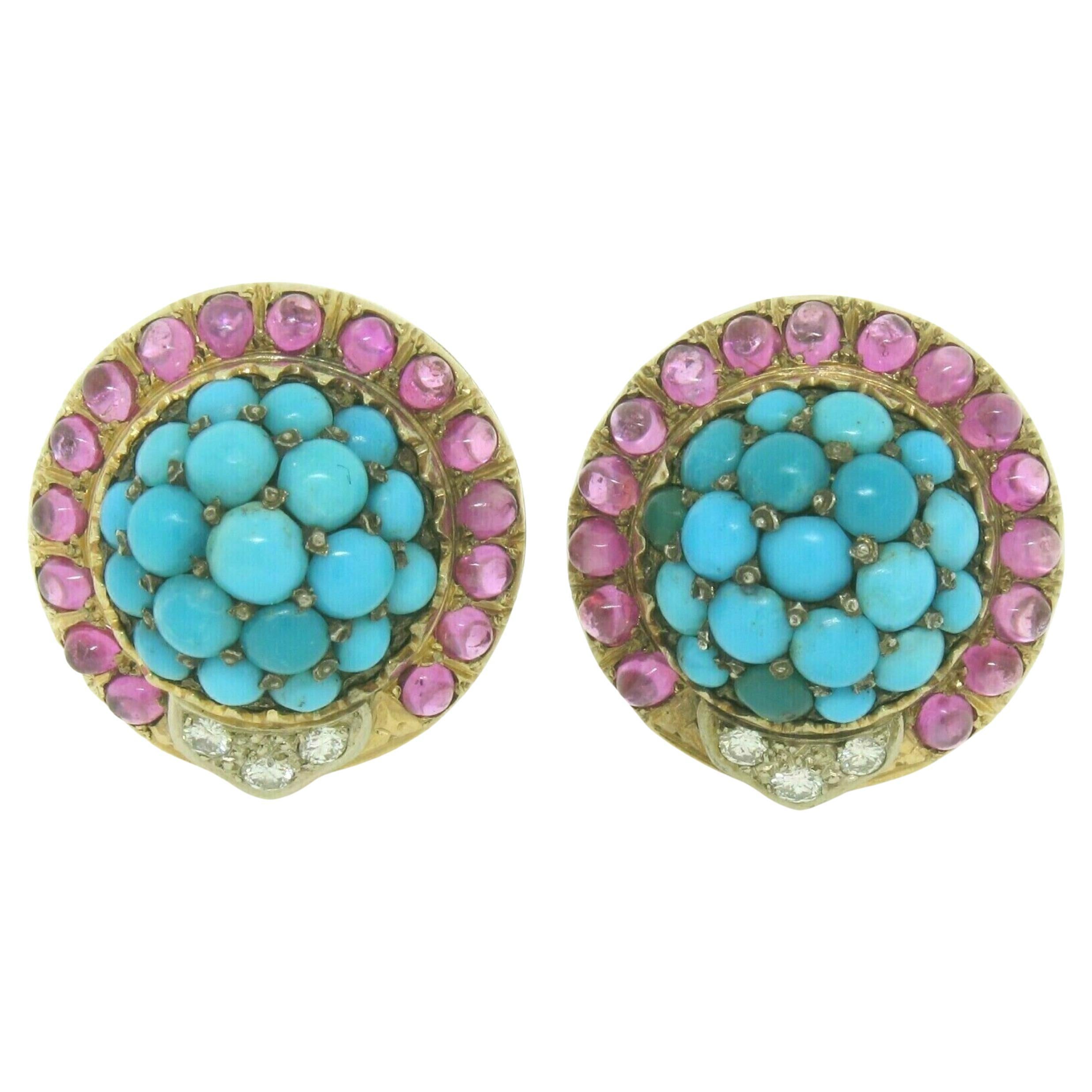Vintage 14K Yellow Gold 3.56ctw Turquoise Diamond & Ruby Cluster Button Earrings