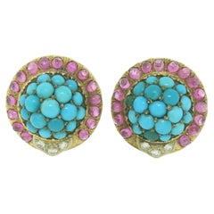 Vintage 14K Yellow Gold 3.56ctw Turquoise Diamond & Ruby Cluster Button Earrings