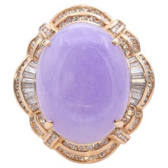Vintage 14k Yellow Gold 35ct Lavender Jade and 2.82tcw Diamond Statement Ring