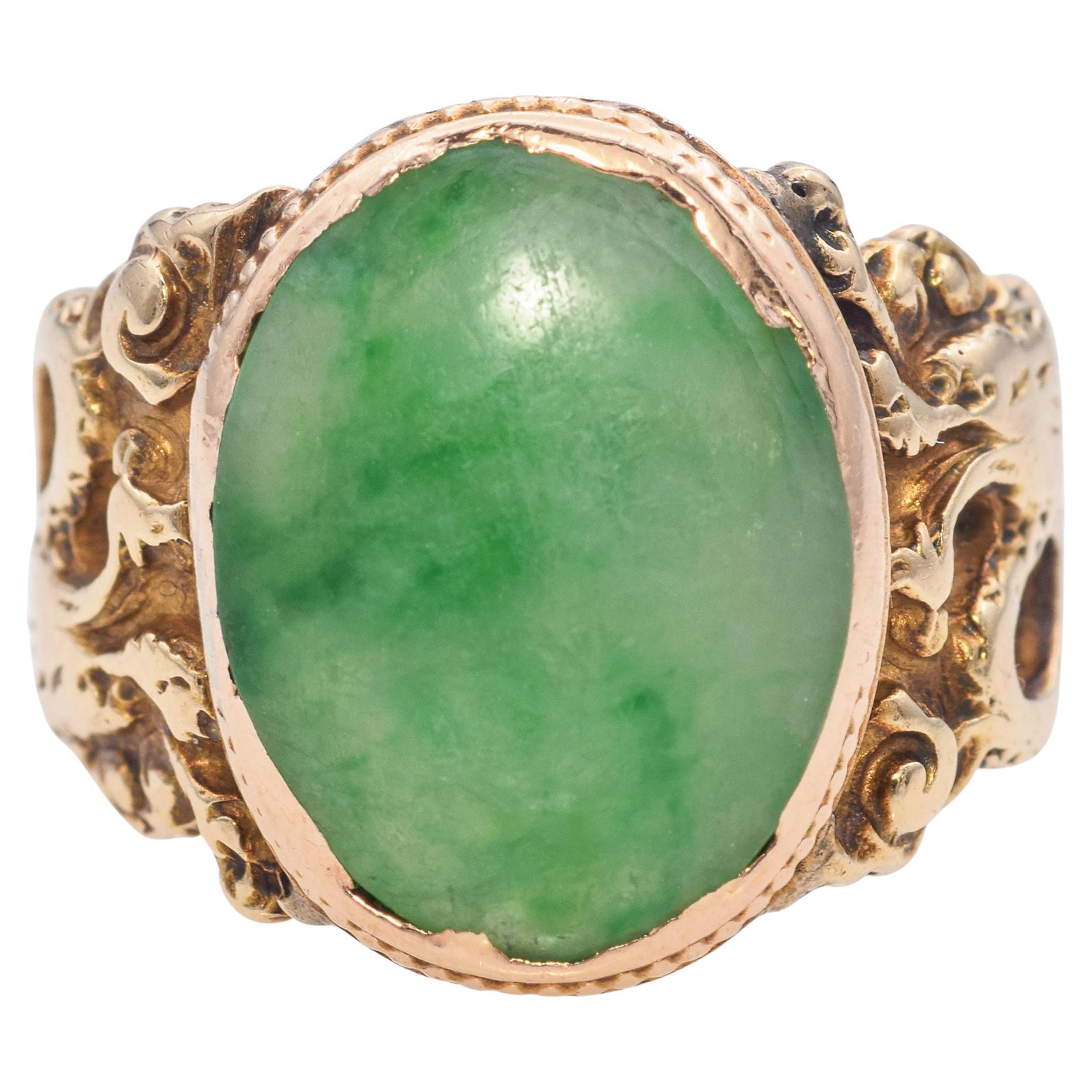 Vintage 14K Gelbgold 3.7 Karat Grüner Cabochon Jade Band Ring Größe 3,5