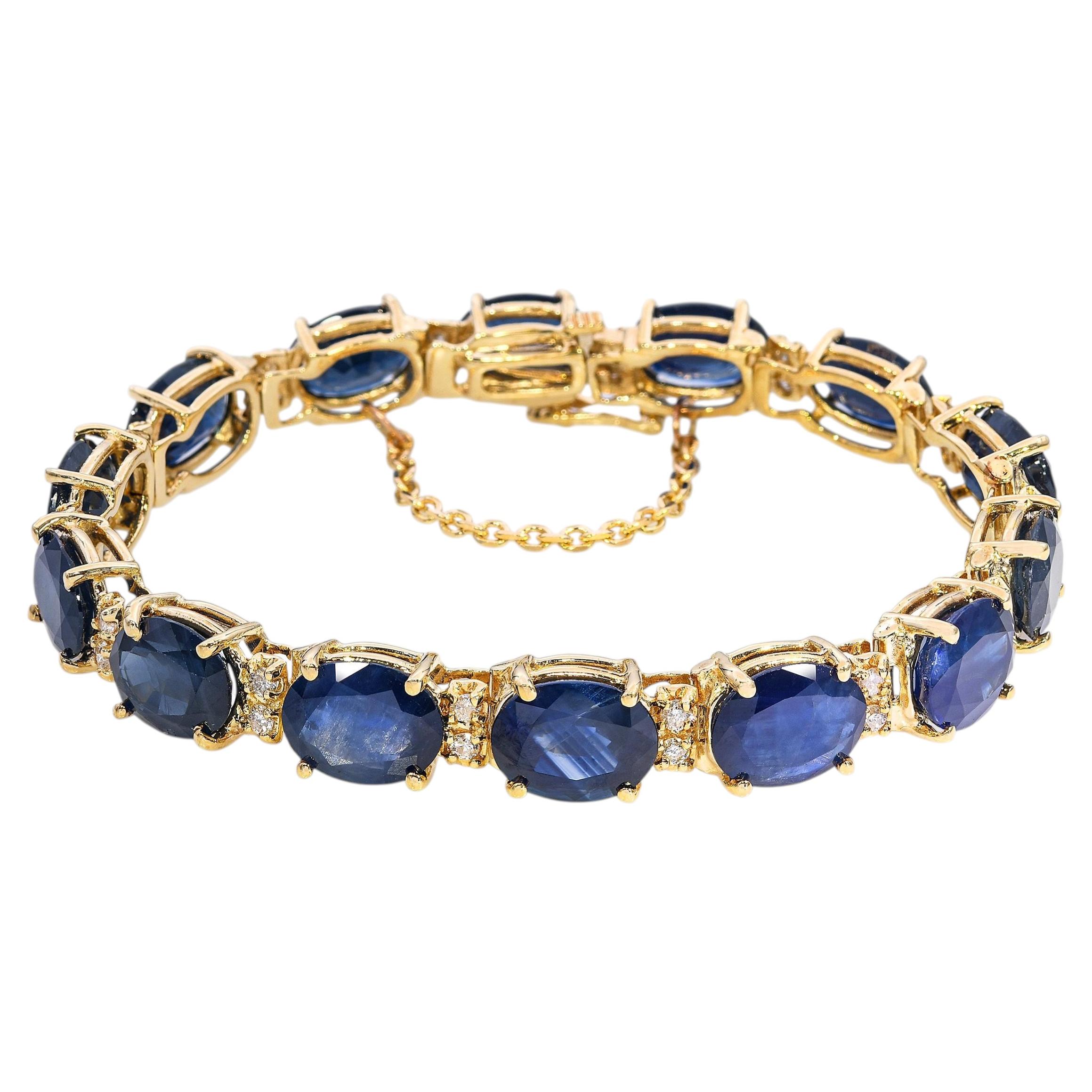 Bracciale vintage in oro giallo 14k con zaffiri e diamanti da 37,6tcw