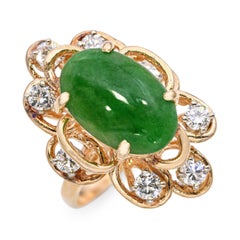 Vintage 14k Yellow Gold 3.80ct Green Jadeite Jade and Diamond Ring
