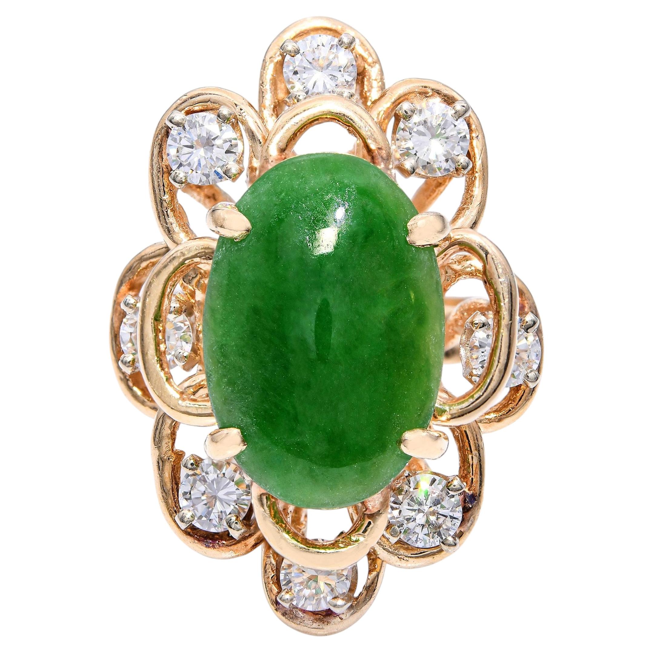 Vintage 14k Gelbgold 3.80ct Grüner Jadeit Jade und Diamant Ring