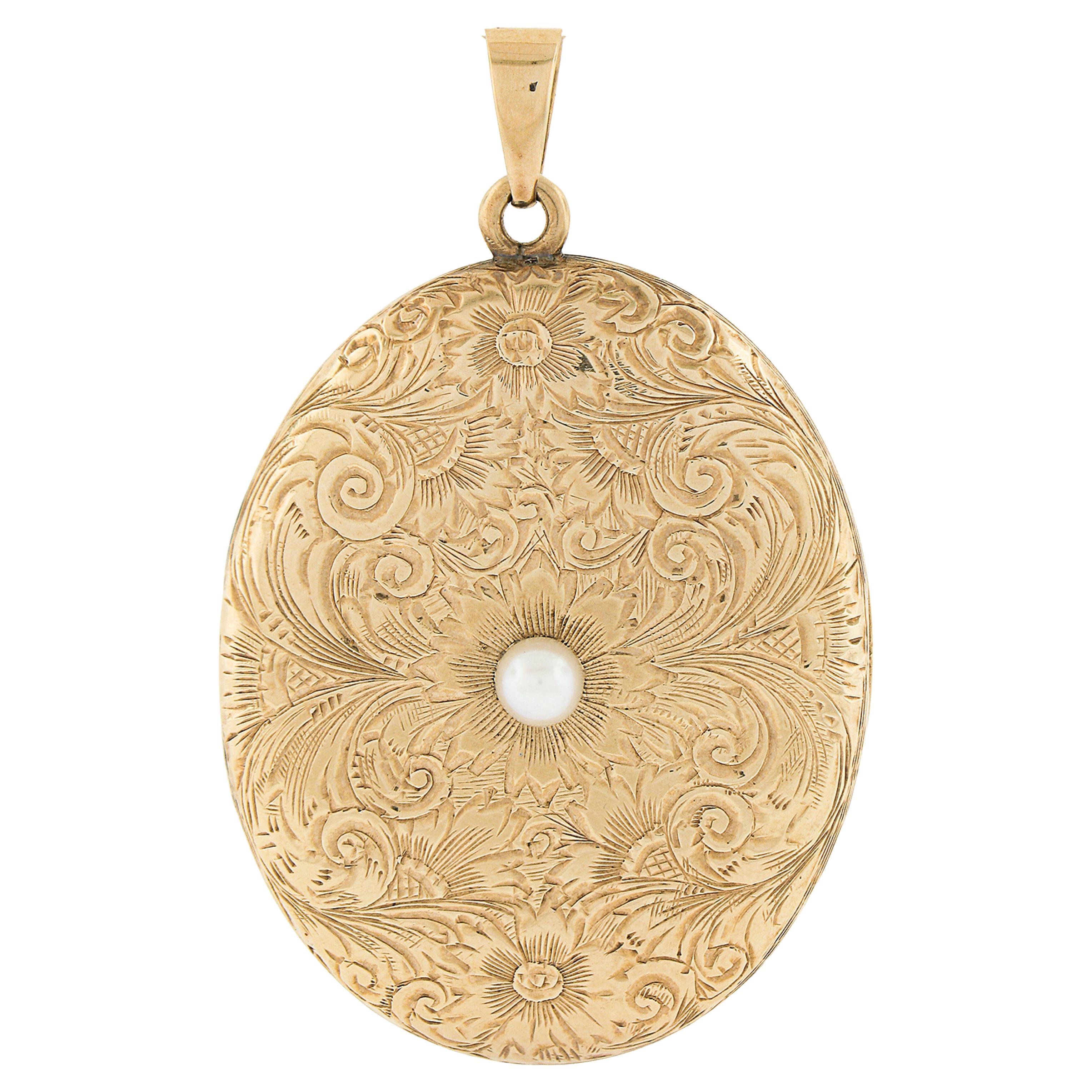Vintage 14k Yellow Gold 3.9mm Pearl Hand Engraved Oval Large Locket Pendant For Sale