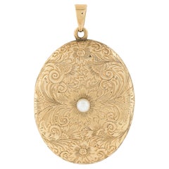 Pendentif médaillon ovale vintage en or jaune 14 carats avec perles de 3,9 mm gravées à la main