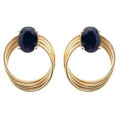 Vintage 14k Yellow Gold 3tcw Dark Blue Oval Sapphire Hoops