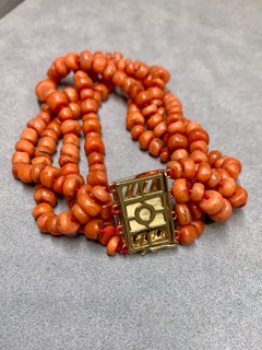 Vintage 14K Yellow Gold 4 Row Carved Coral Bead Bracelet 7.25” Box Clasp