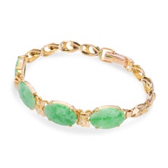 Vintage 14K Yellow Gold 4.2tcw Green Jadeite Jade Cabochon Link Bracelet