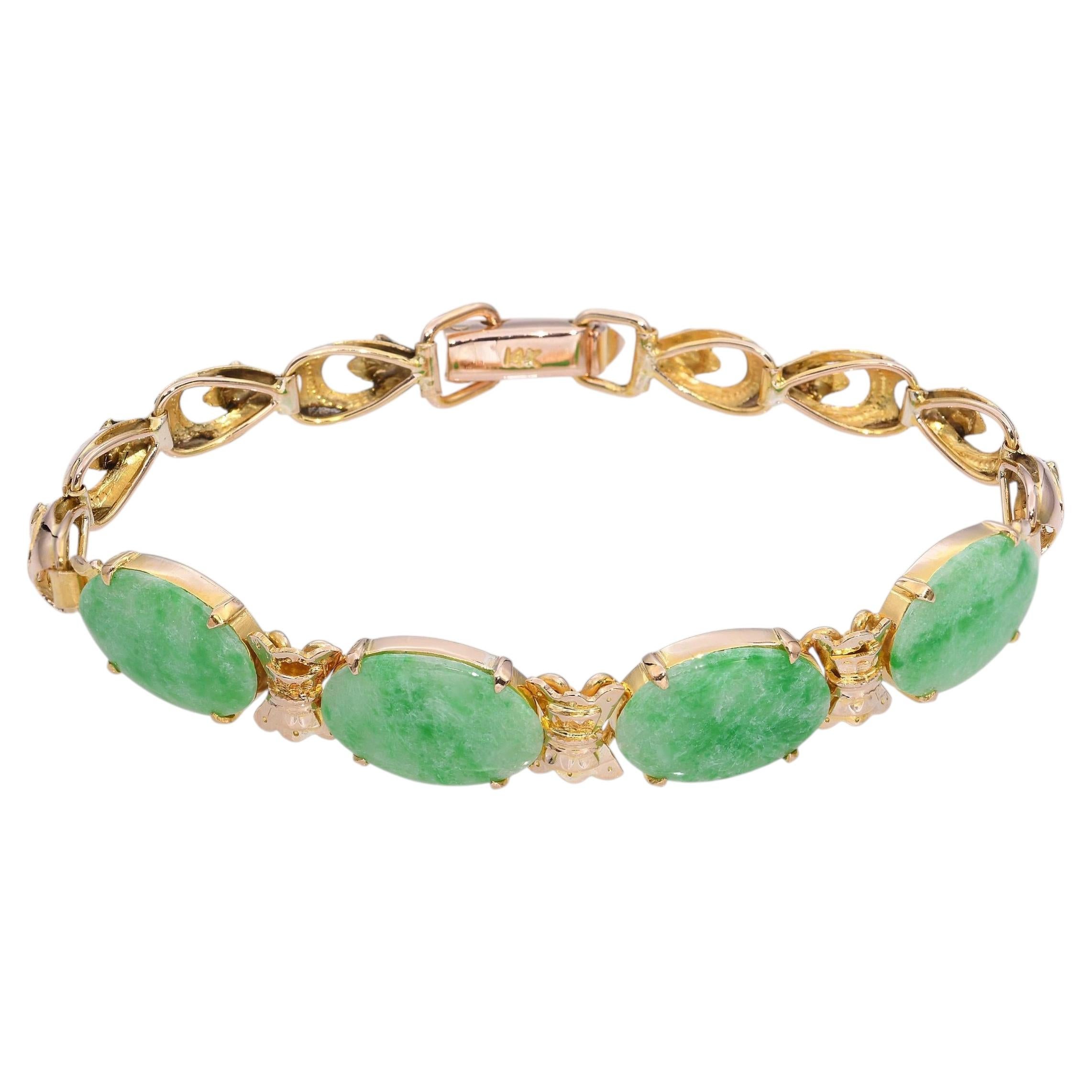 Bracciale vintage in oro giallo 14K con cabochon di giada verde da 4,2tcw