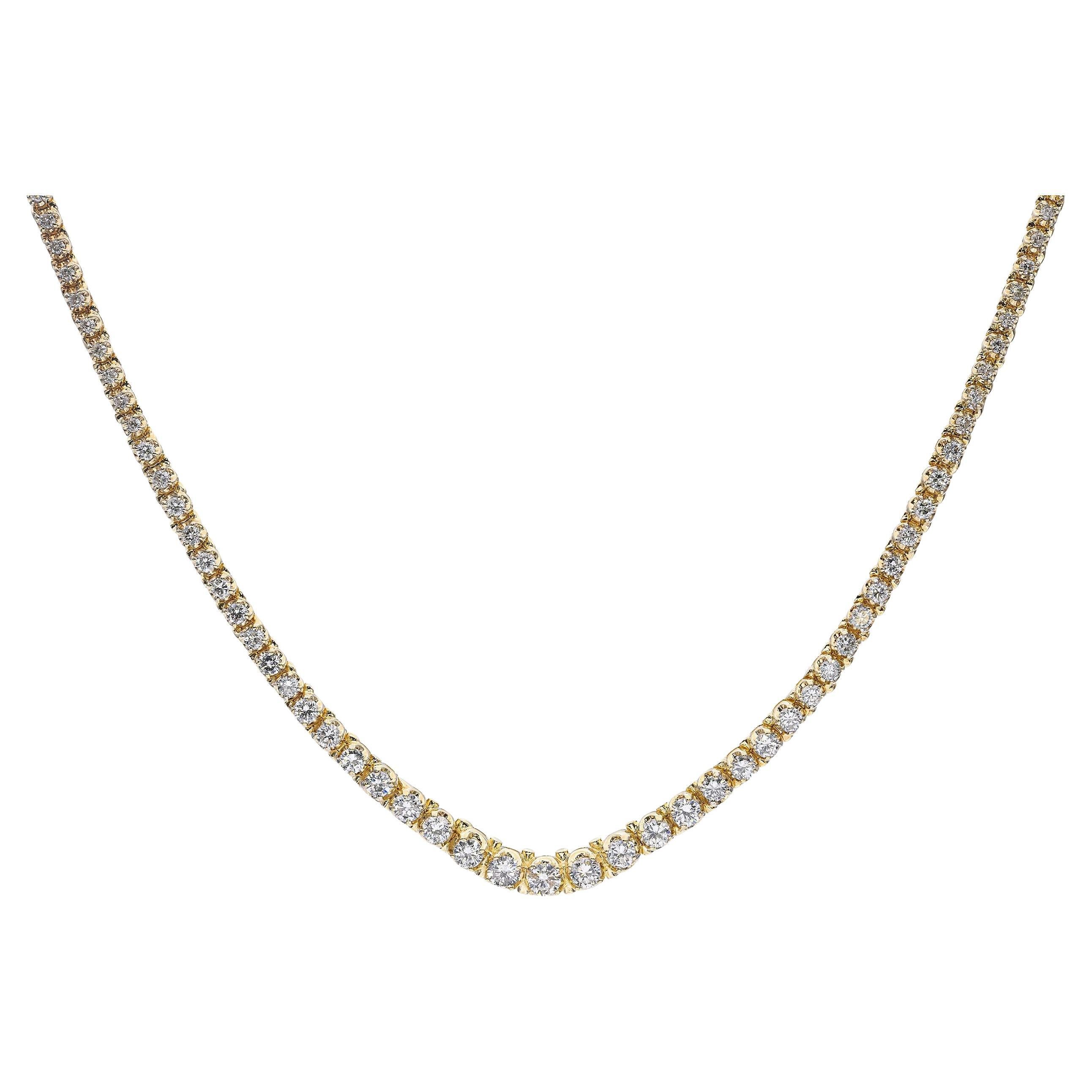 Vintage 14k Yellow Gold 4.55tcw Diamond Graduating Tennis Necklace For Sale