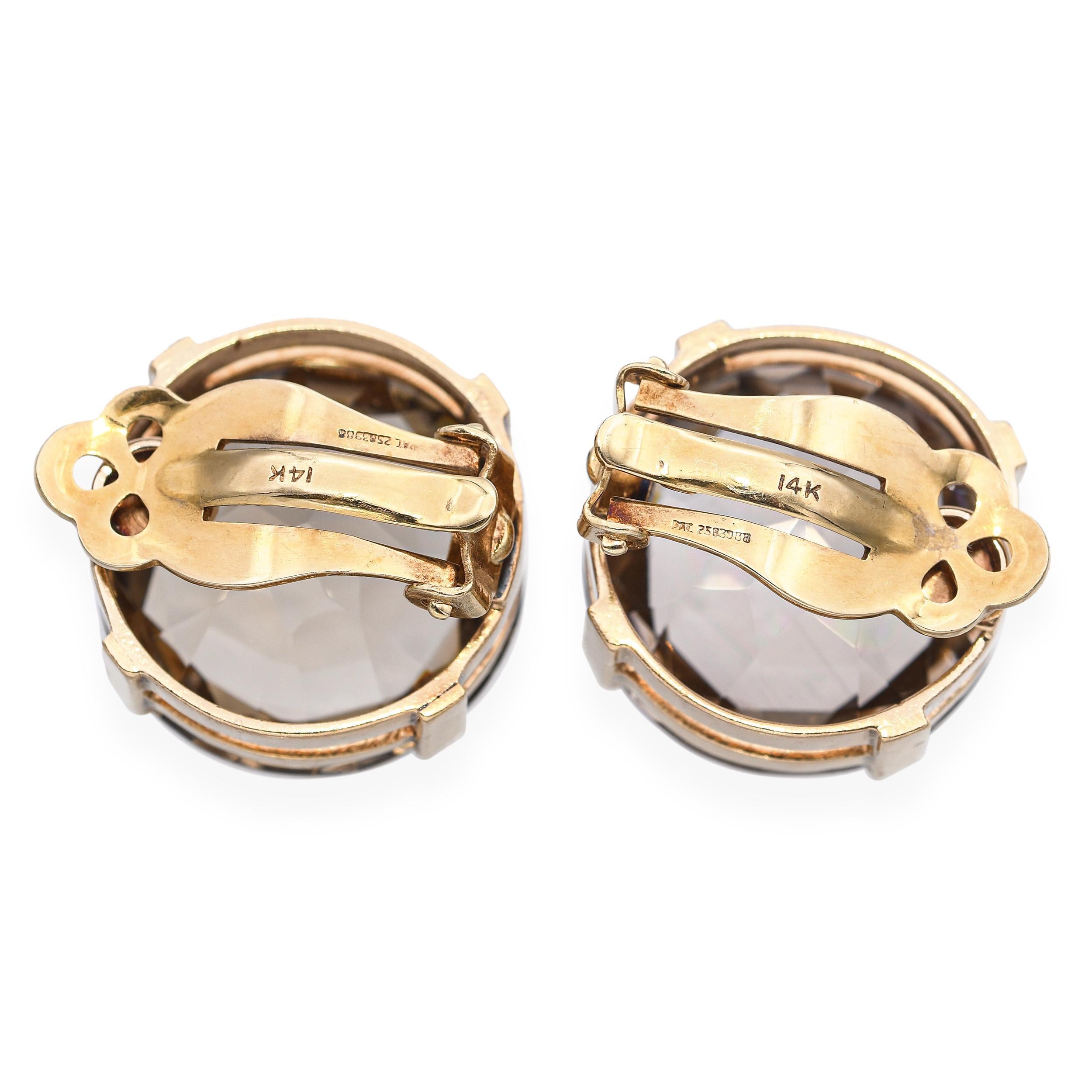 Pendientes vintage de oro amarillo de 14 quilates con clip de cuarzo ahumado de 45,6 quilates en Bueno estado para la venta en New York, NY