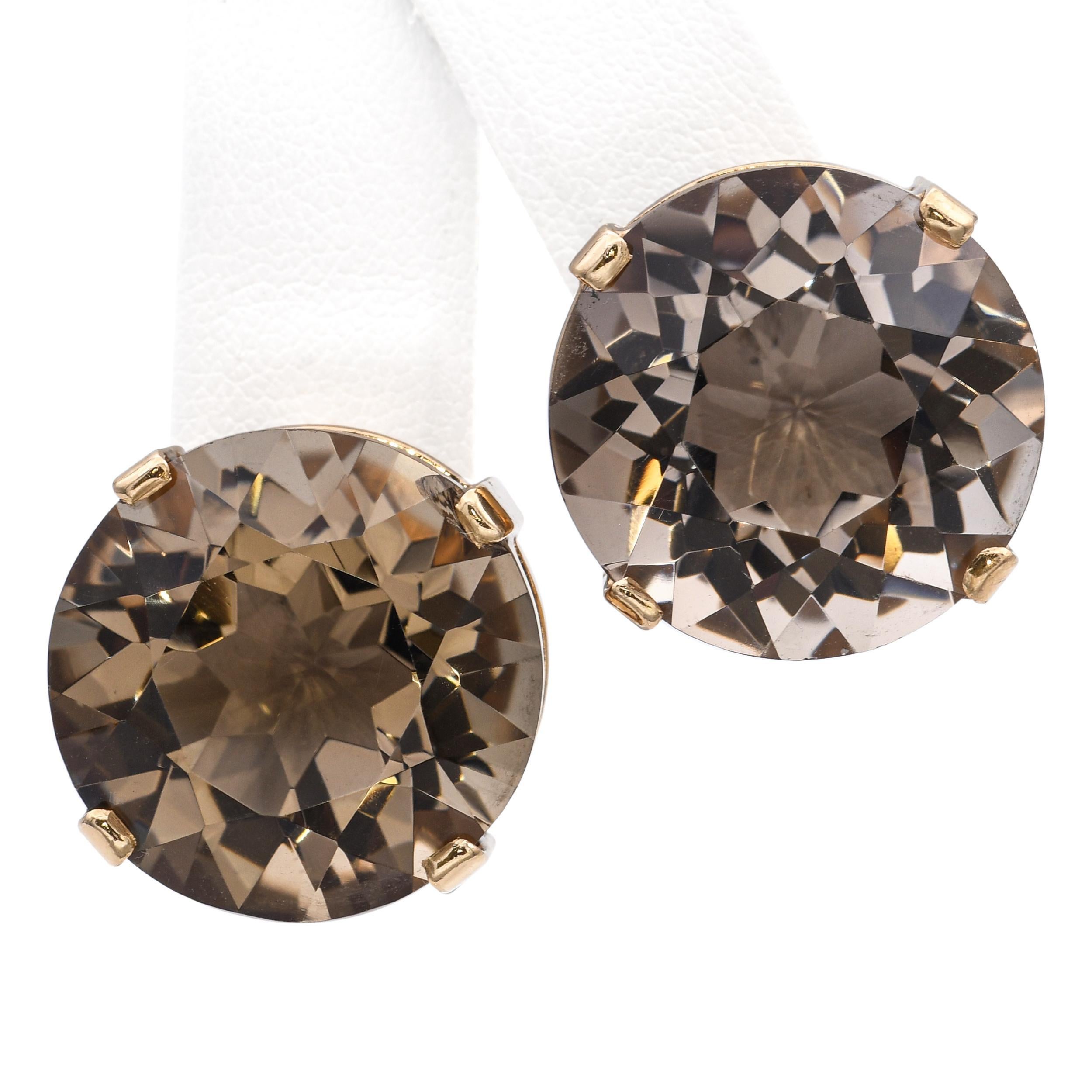 De las mujeres Pendientes vintage de oro amarillo de 14 quilates con clip de cuarzo ahumado de 45,6 quilates en venta