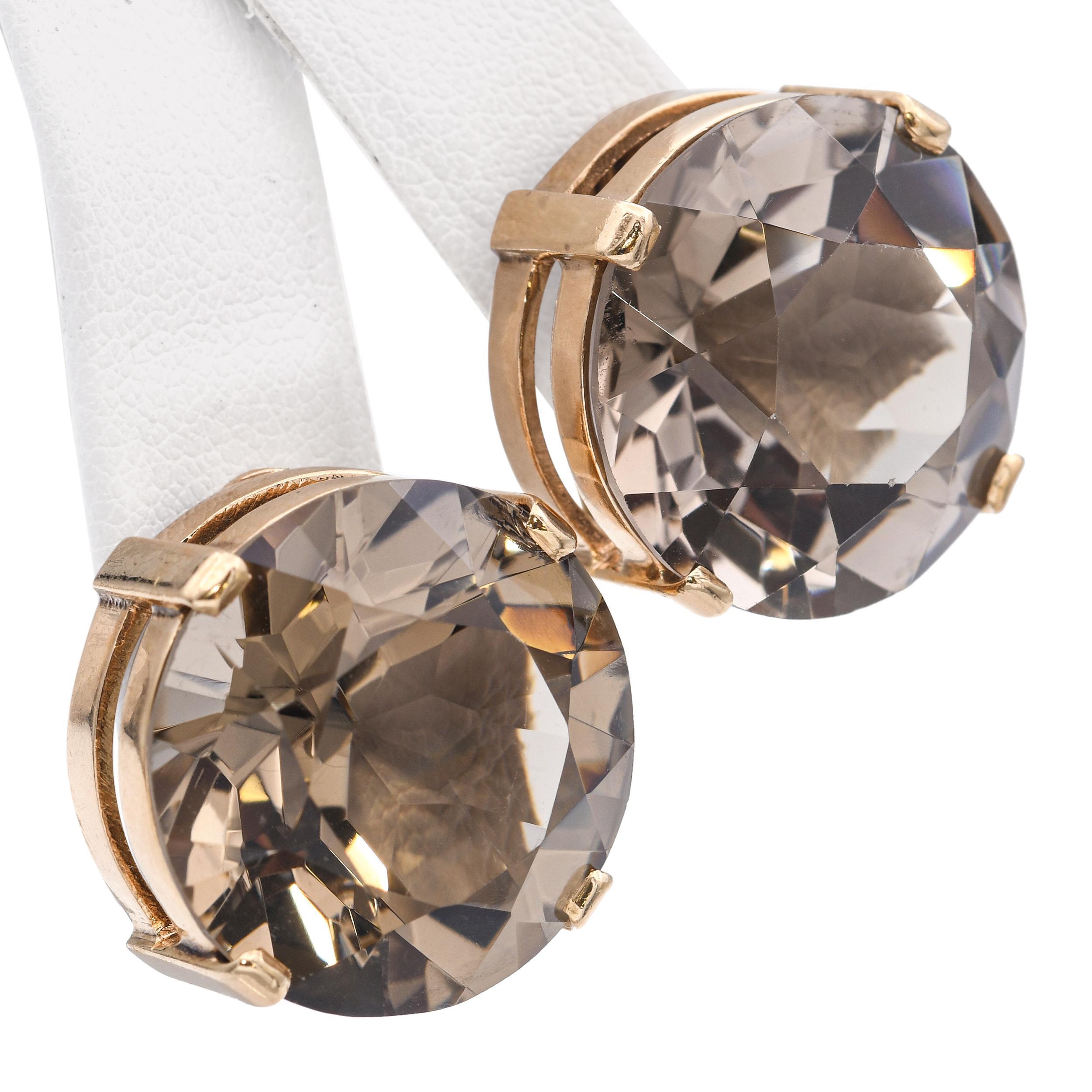 Pendientes vintage de oro amarillo de 14 quilates con clip de cuarzo ahumado de 45,6 quilates en venta 1