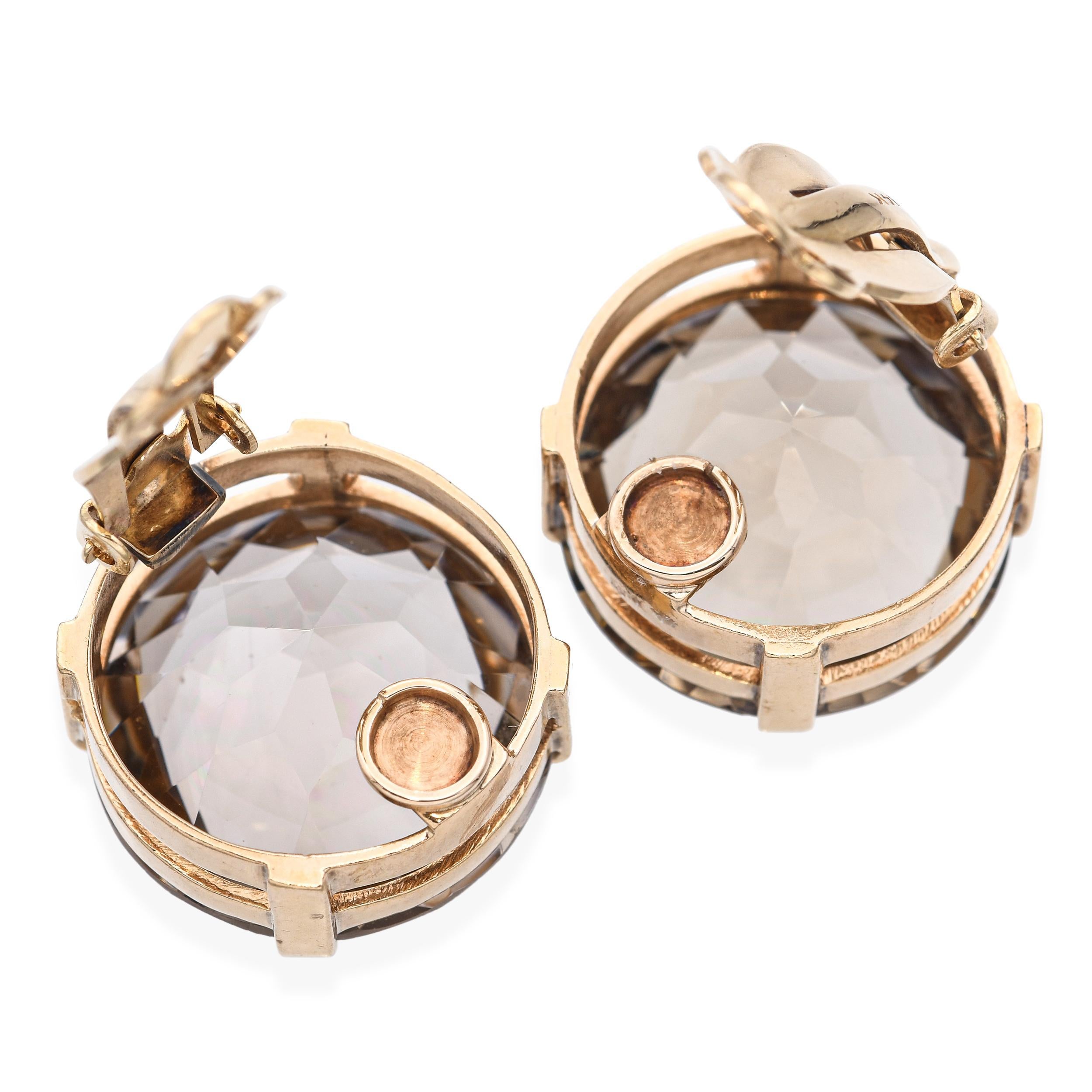Pendientes vintage de oro amarillo de 14 quilates con clip de cuarzo ahumado de 45,6 quilates en venta 2