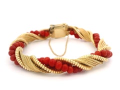 Vintage 14k Yellow Gold 4mm Coral Beads Twisted Braided Silky Link Bracelet