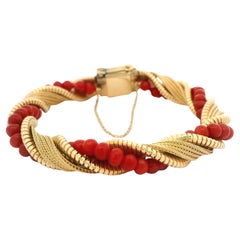 Vintage 14k Yellow Gold 4mm Coral Beads Twisted Braided Silky Link Bracelet