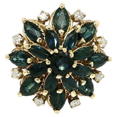 Vintage 14k Yellow Gold 5.33ct Marquise Sapphire Diamond Large Flower Spray Ring