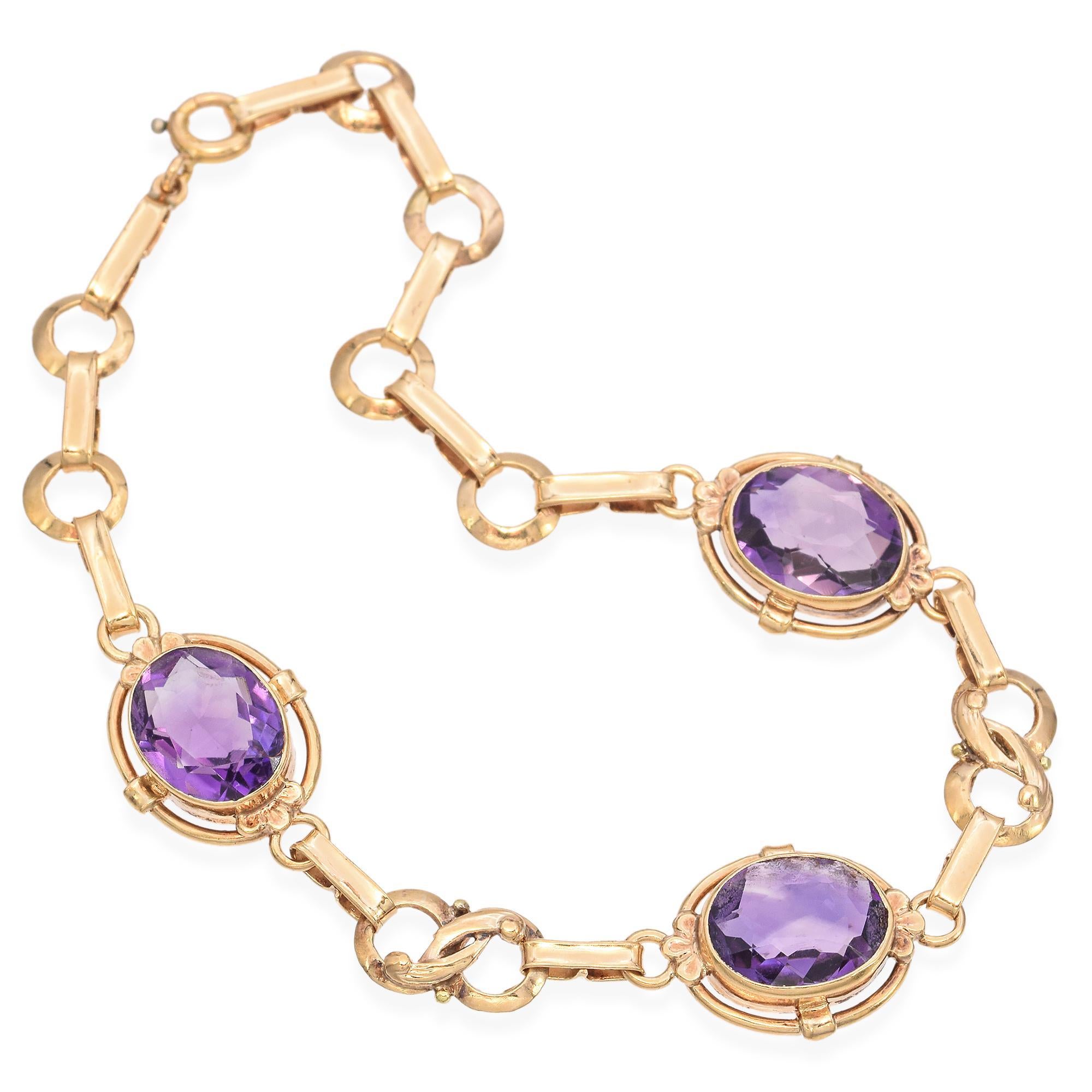 Oval Cut Vintage 14K Yellow Gold 6.0 TCW Amethyst Three Stone Link Bracelet For Sale