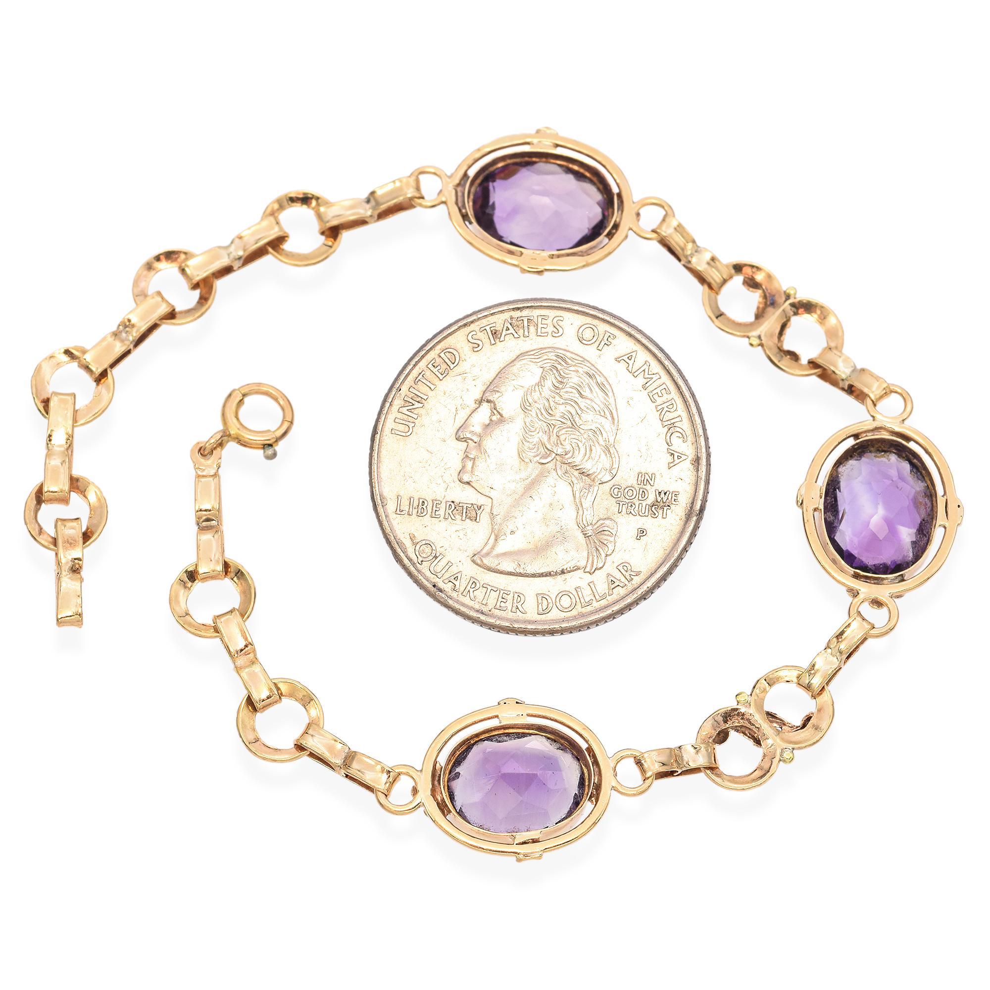 Vintage 14K Yellow Gold 6.0 TCW Amethyst Three Stone Link Bracelet For Sale 1