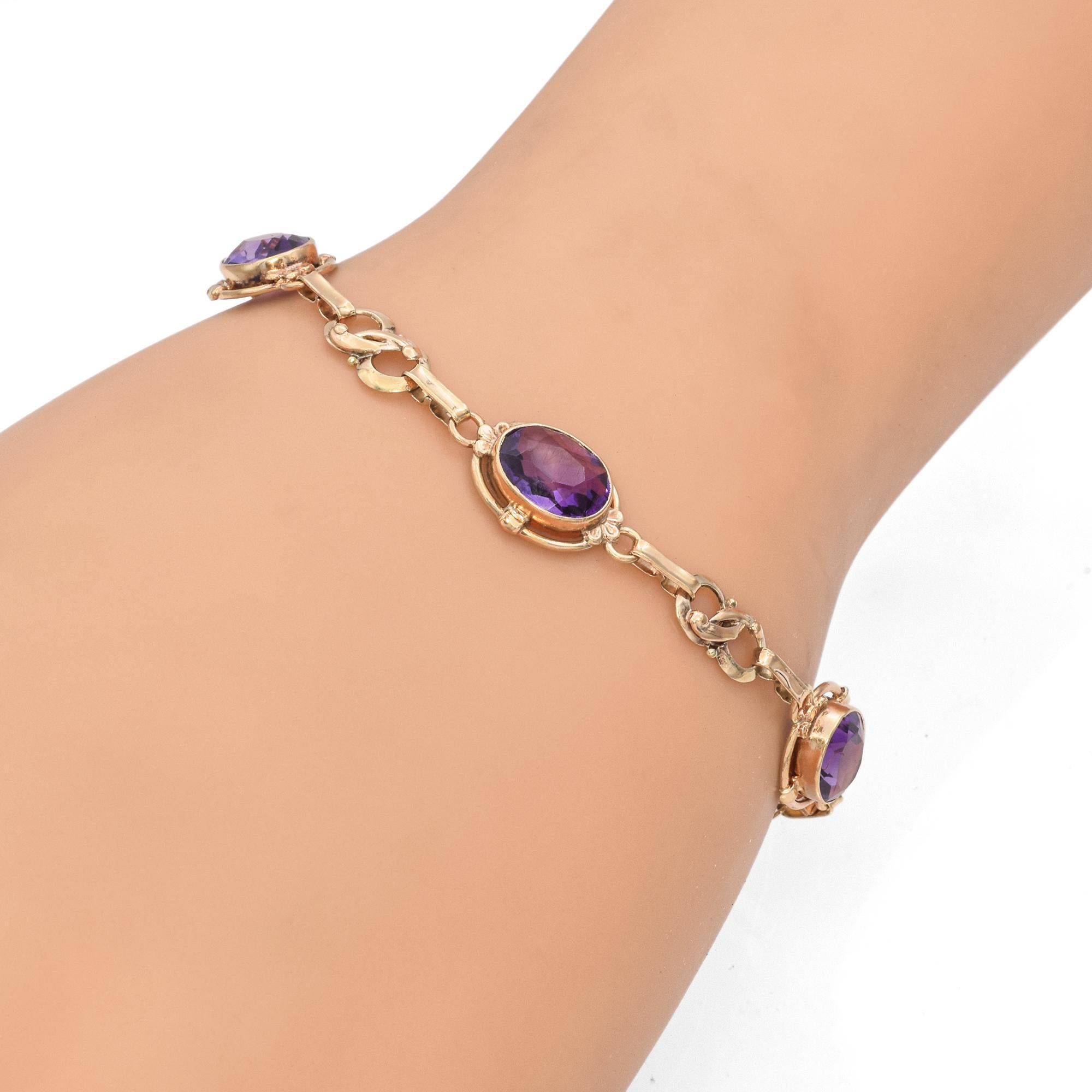 Vintage 14K Yellow Gold 6.0 TCW Amethyst Three Stone Link Bracelet For Sale 2