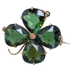 Vintage 14k Yellow Gold 6.12tcw Green Tourmaline Four Leaf Clover Brooch Pendant