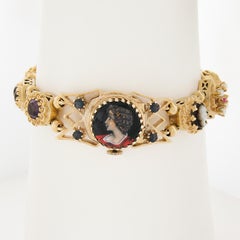 Vintage 14K Yellow Gold 6.25" Cameo & Gemmed Slide Charm Hidden Watch Bracelet