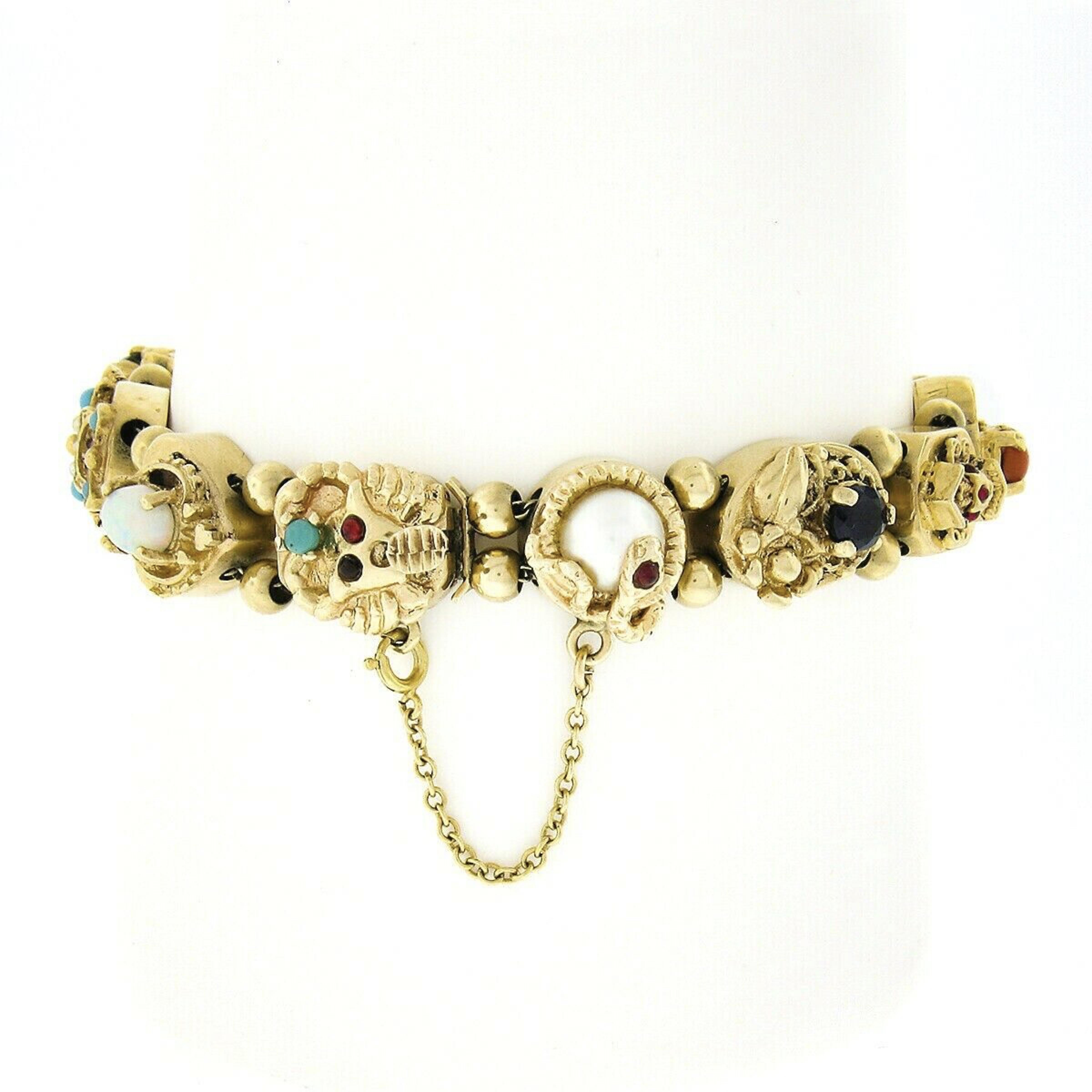 Round Cut Vintage 14K Yellow Gold Multi Gemstone Shape Detailed Slide Charm Bracelet