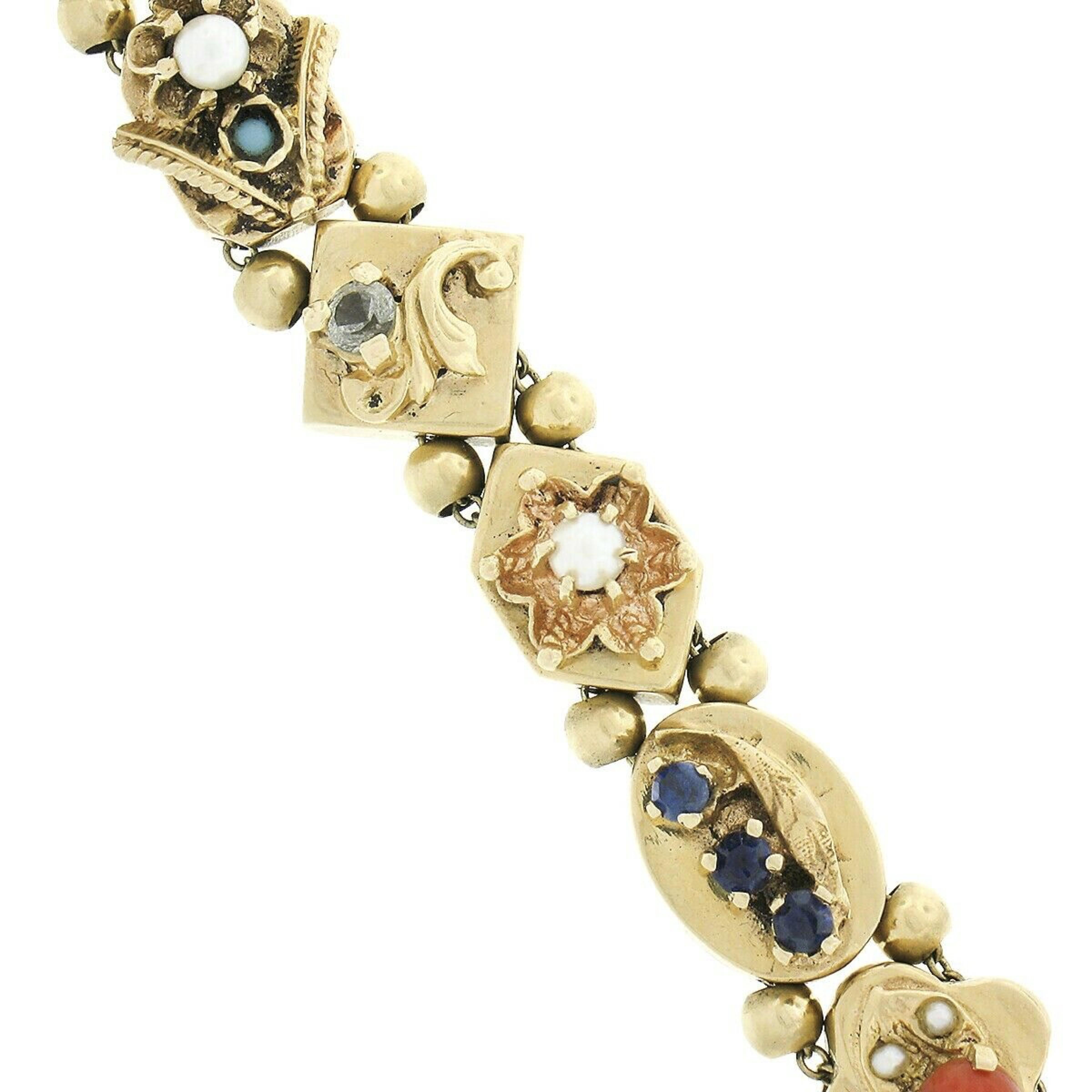 Vintage 14K Yellow Gold Multi Gemstone Shape Detailed Slide Charm Bracelet In Good Condition In Montclair, NJ