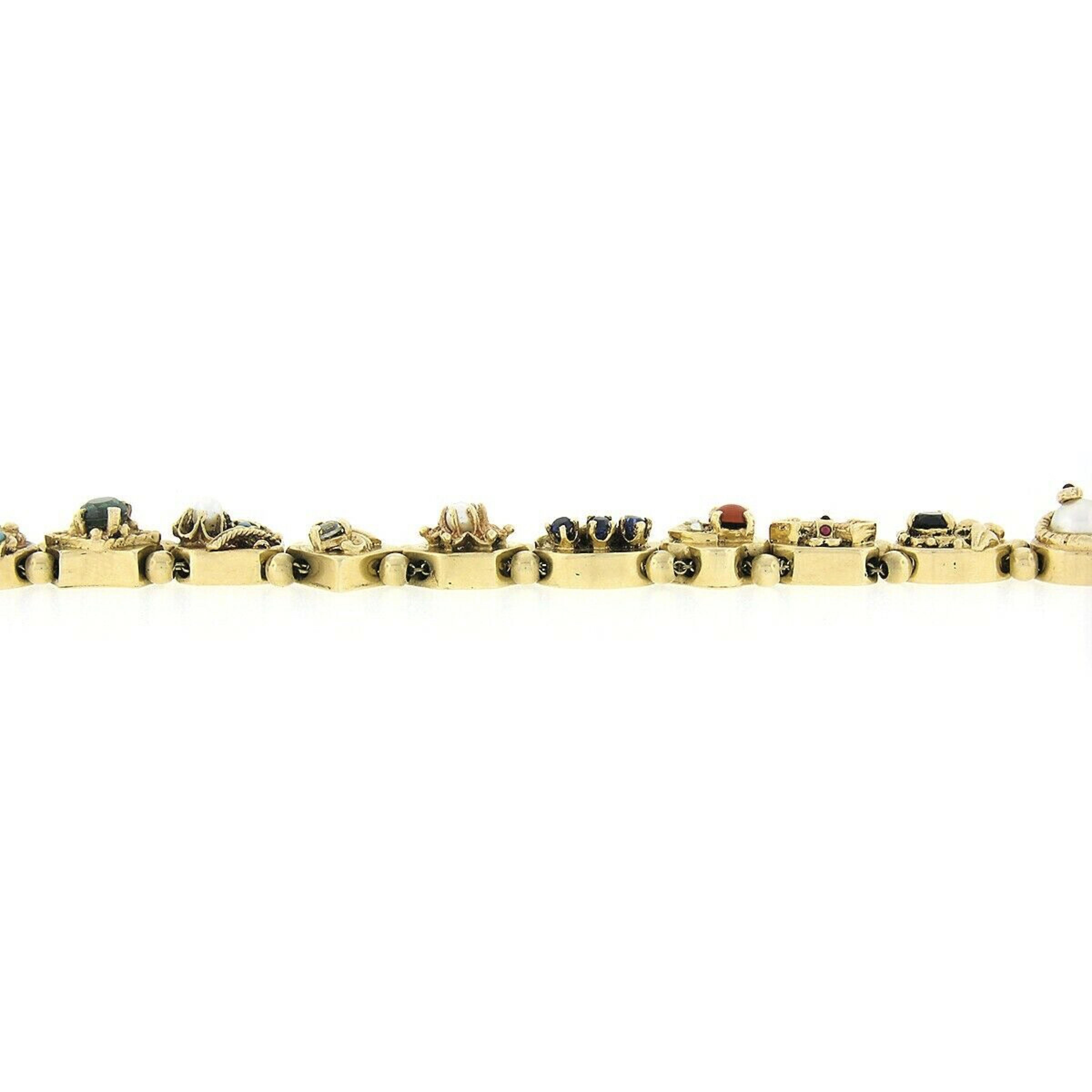 Vintage 14K Yellow Gold Multi Gemstone Shape Detailed Slide Charm Bracelet 1