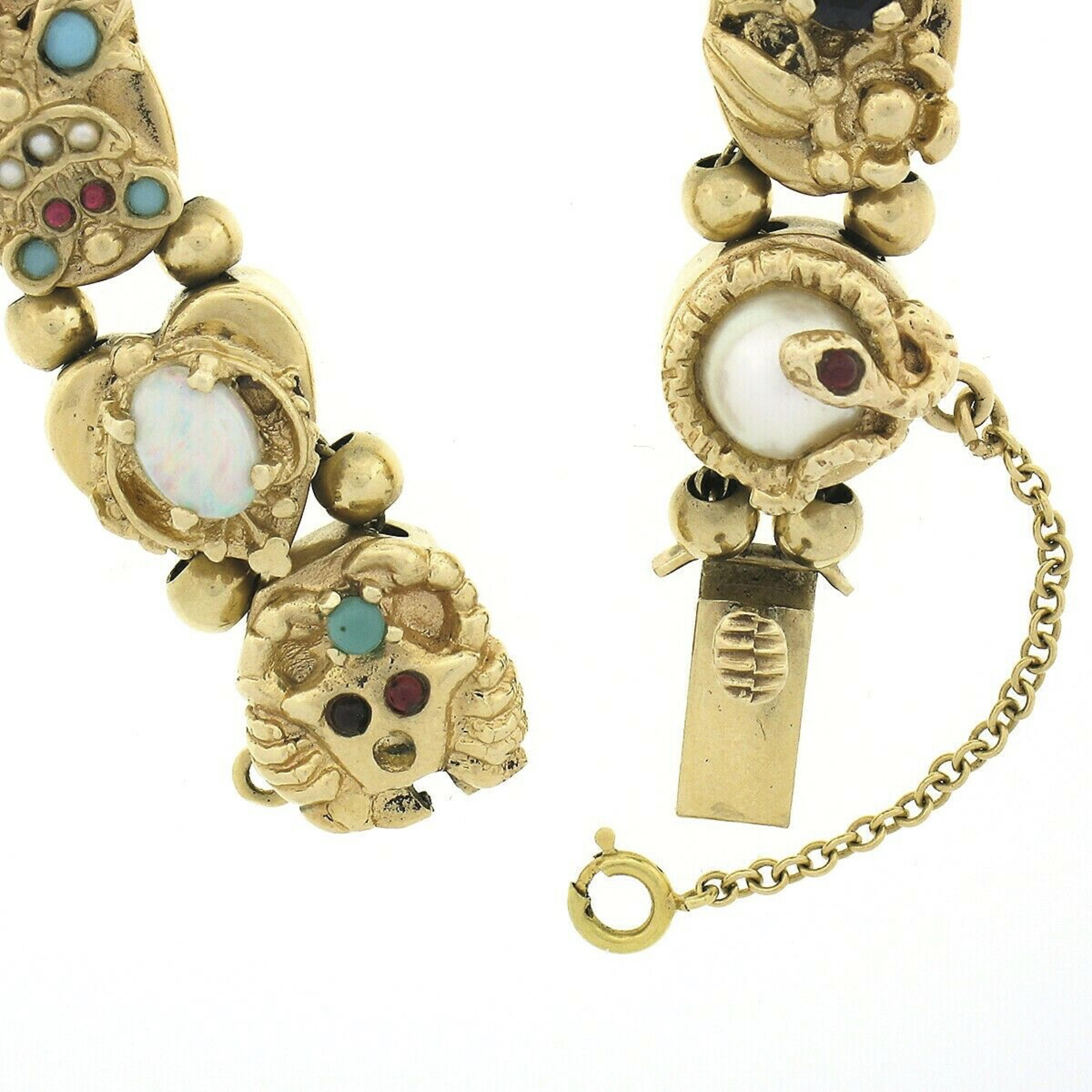 Vintage 14K Yellow Gold Multi Gemstone Shape Detailed Slide Charm Bracelet 2