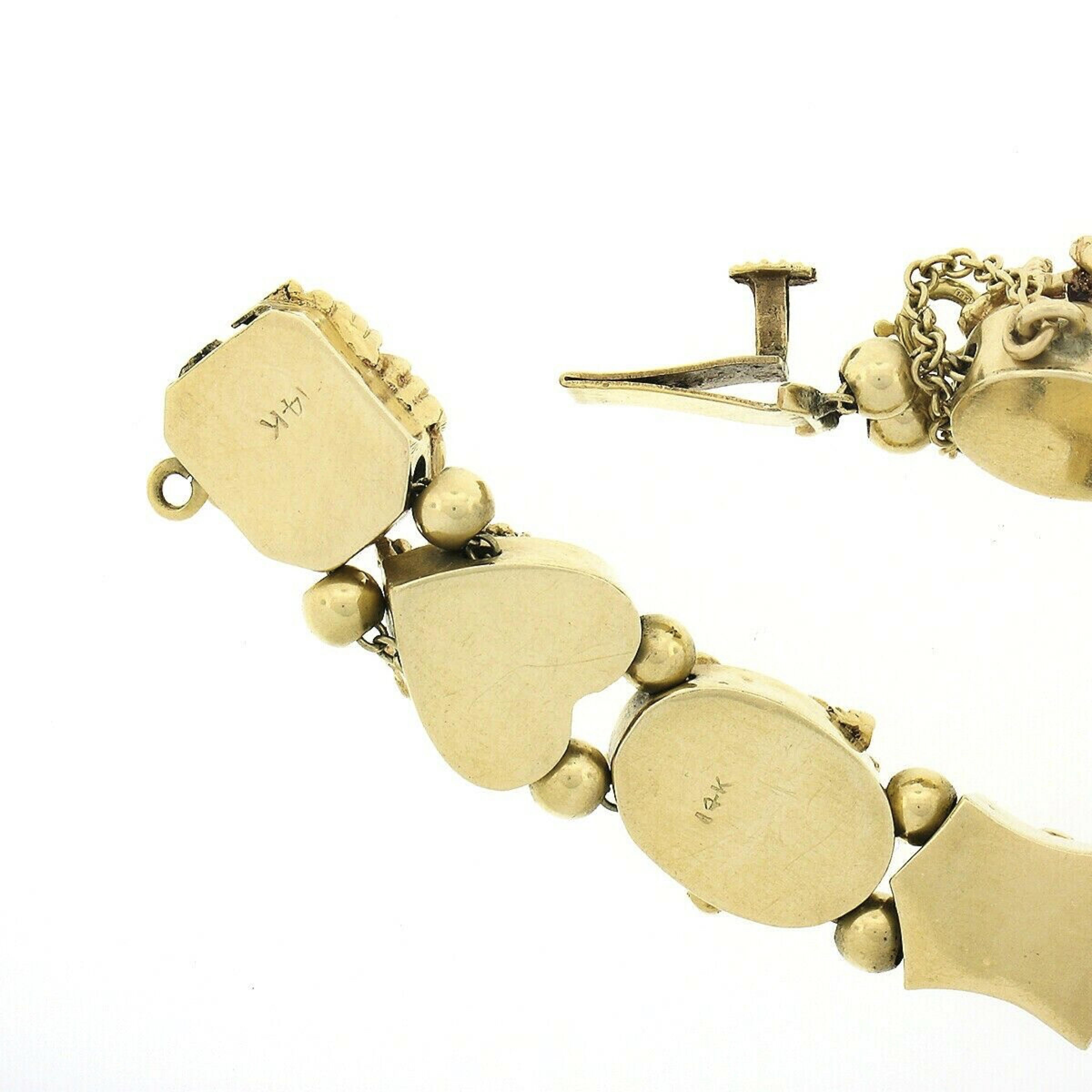 Vintage 14K Yellow Gold Multi Gemstone Shape Detailed Slide Charm Bracelet 3