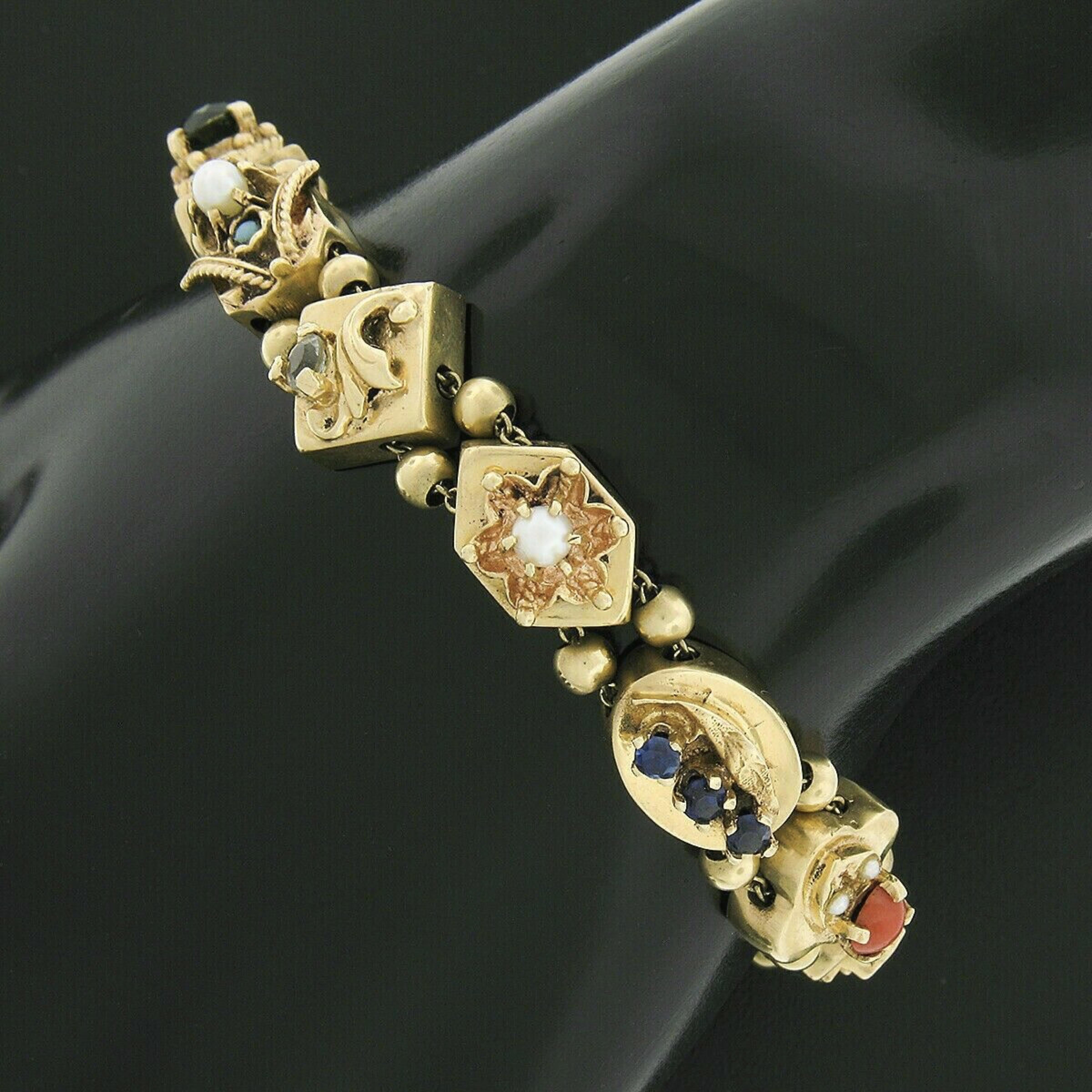 Vintage 14K Yellow Gold Multi Gemstone Shape Detailed Slide Charm Bracelet 4