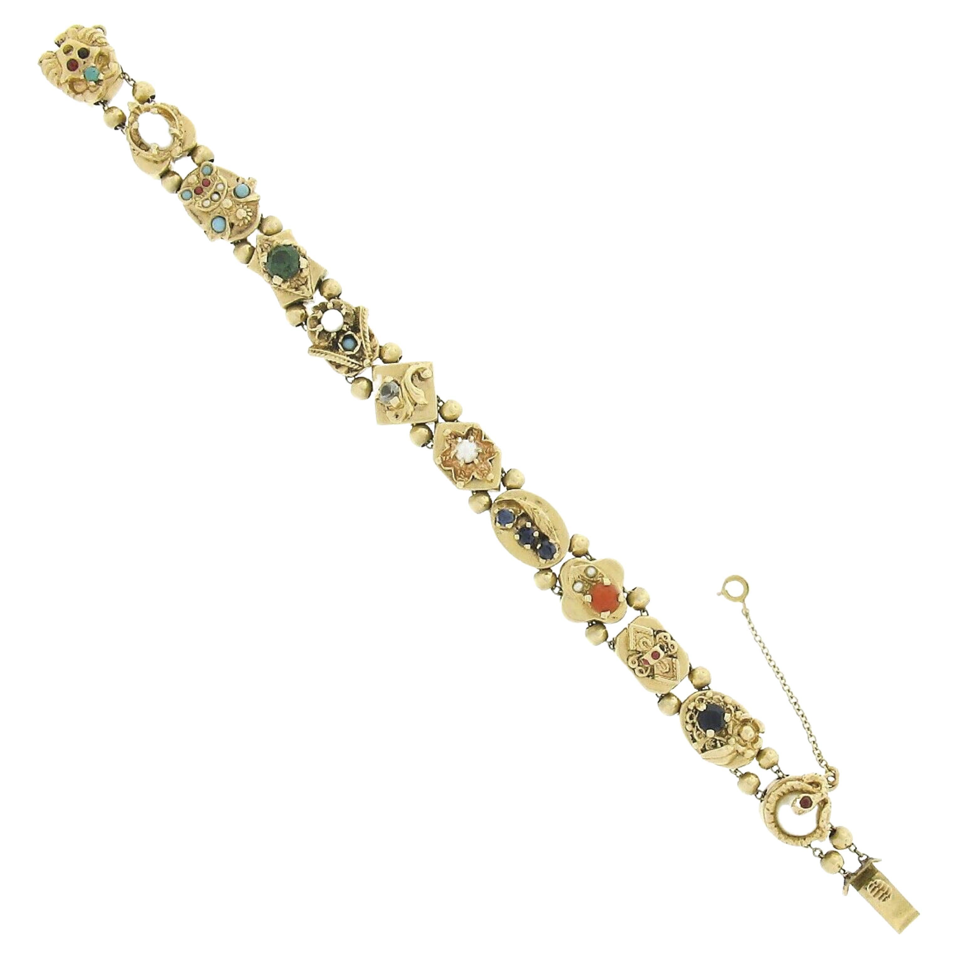 Vintage 14K Yellow Gold Multi Gemstone Shape Detailed Slide Charm Bracelet
