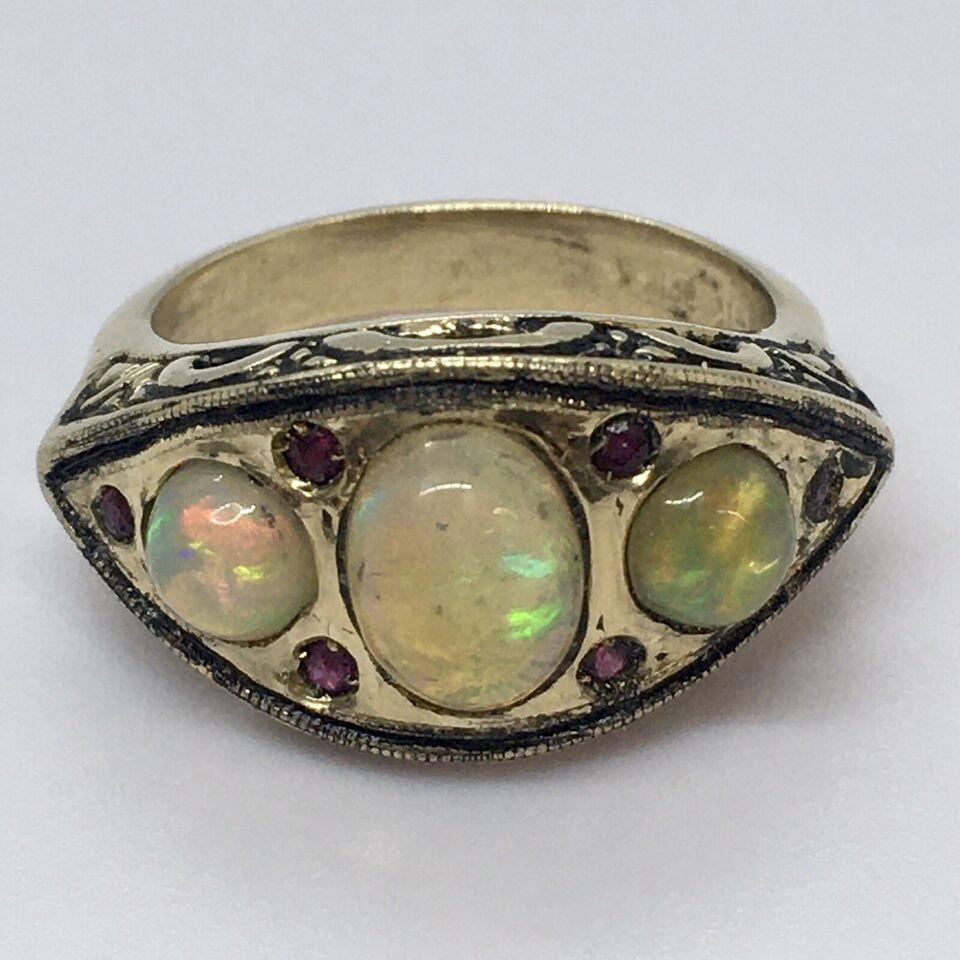 Modern Vintage 14k Yellow Gold 7.0 Gram Natural Opal Ruby Statement Ring Size 6.5 For Sale