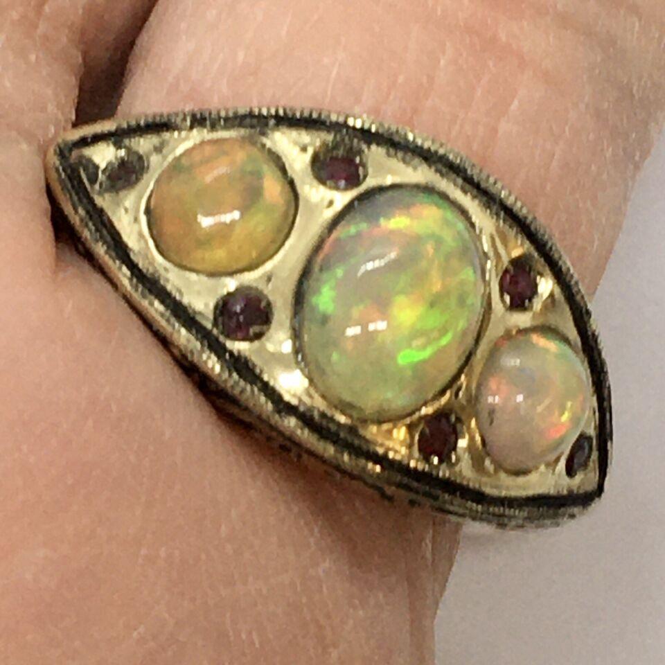 Vintage 14k Yellow Gold 7.0 Gram Natural Opal Ruby Statement Ring Size 6.5 For Sale 2