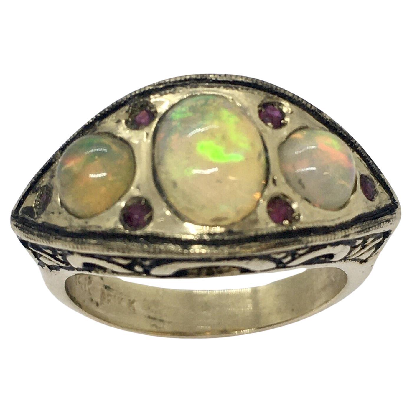 Vintage 14k Yellow Gold 7.0 Gram Natural Opal Ruby Statement Ring Size 6.5 For Sale