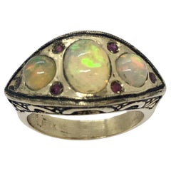 Vintage 14k Yellow Gold 7.0 Gram Natural Opal Ruby Statement Ring Size 6.5