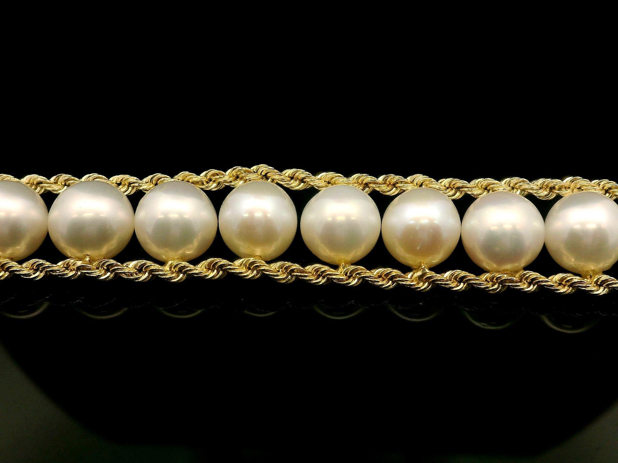 Vintage 14k Yellow Gold 7.2mm Pearl Line with Rope Chain Borders Bracelet 1
