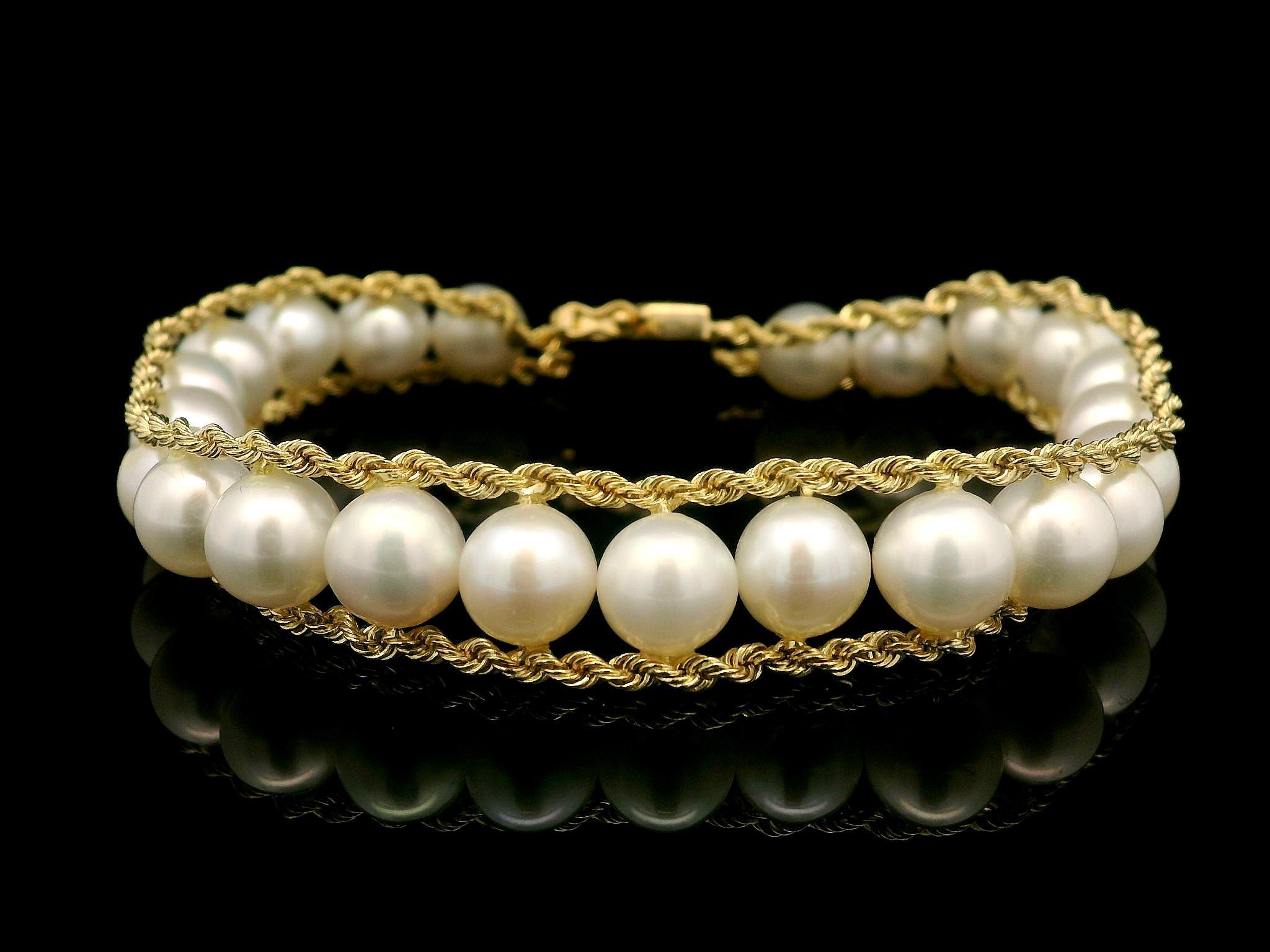 Vintage 14k Yellow Gold 7.2mm Pearl Line with Rope Chain Borders Bracelet 2