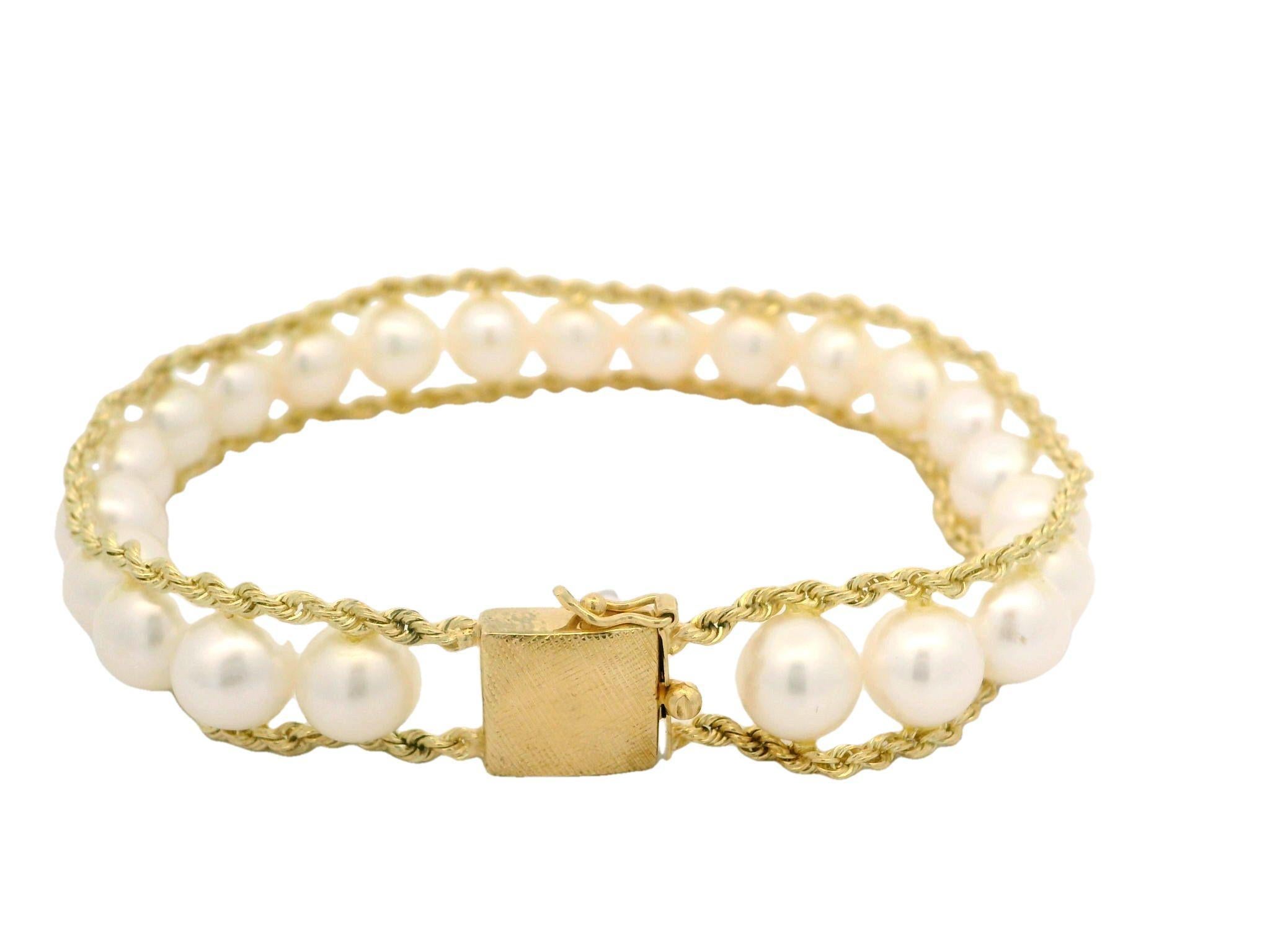 Vintage 14k Yellow Gold 7.2mm Pearl Line with Rope Chain Borders Bracelet 3