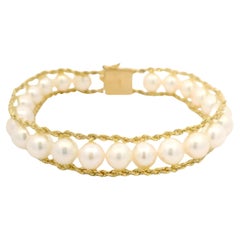Vintage 14k Yellow Gold 7.2mm Pearl Line with Rope Chain Borders Bracelet