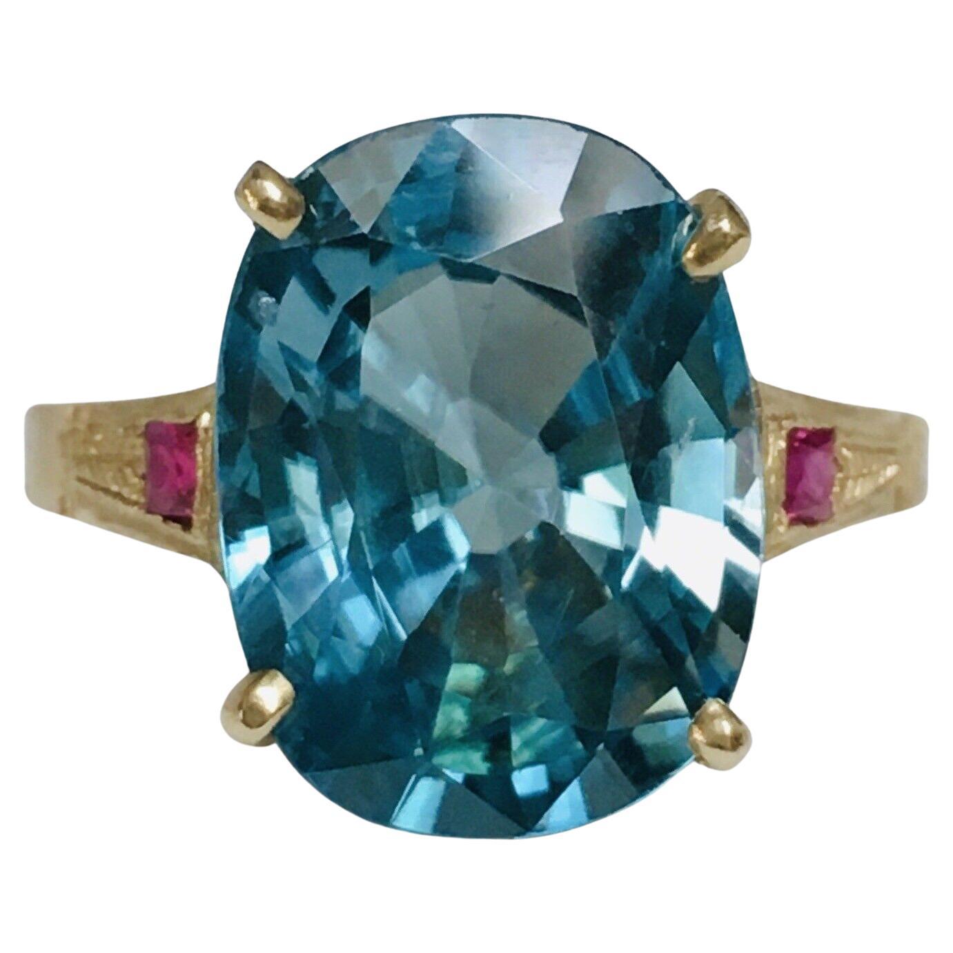 Vintage 14K Gelbgold 7,5 Karat Oval Facettierter blauer Zirkon Rubin Ring Größe 7