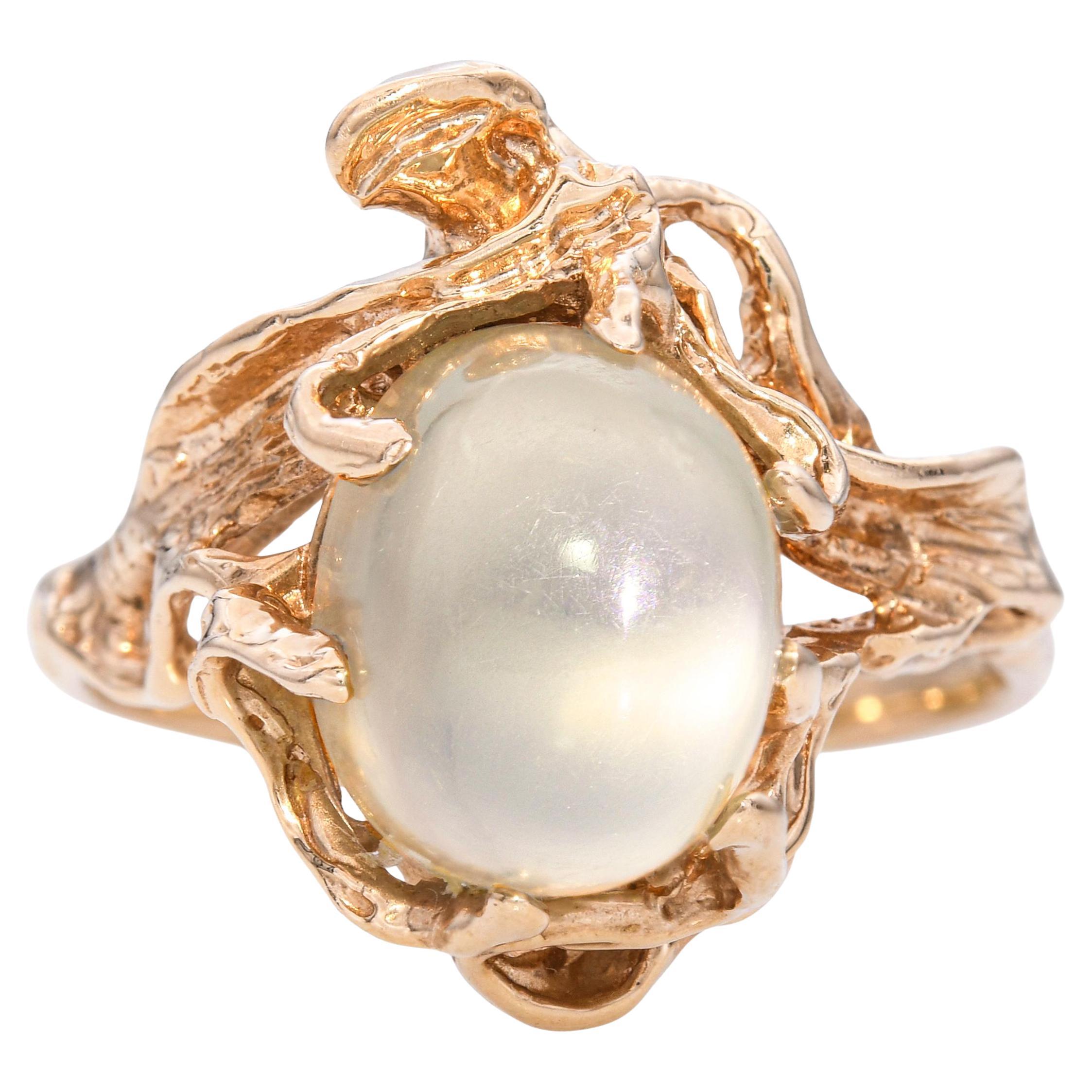 Anello vintage in oro giallo 14k con motivo a vite di pietra di luna da 7,96 carati