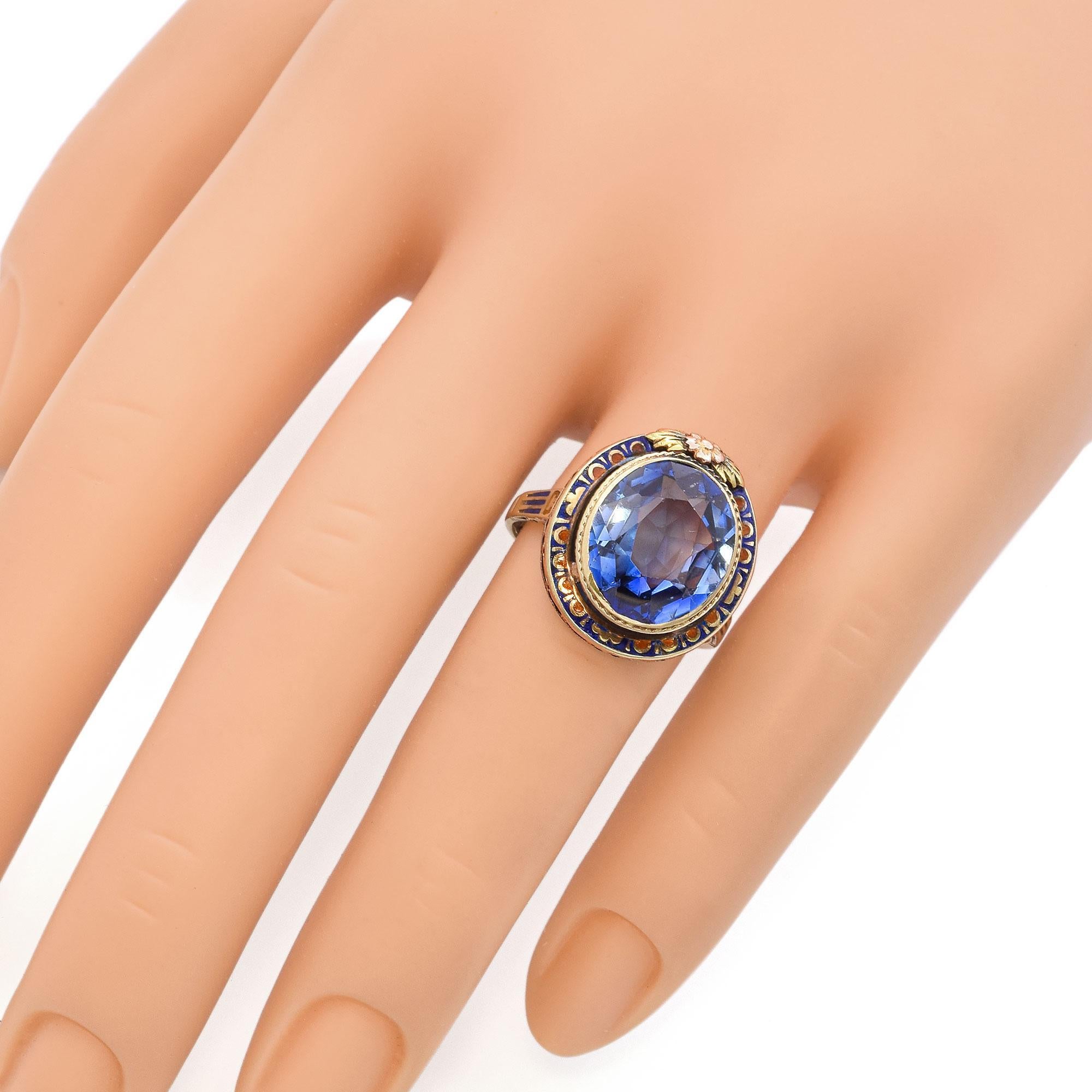 Oval Cut Vintage 14k Yellow Gold 7.9ct Lab Sapphire and Enamel Statement Ring